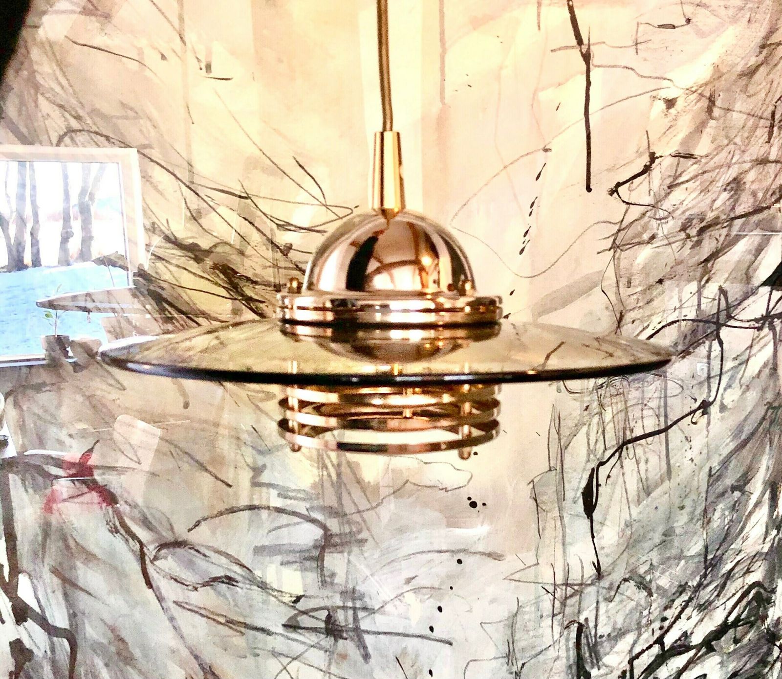Swedish Modernist Multilayer Ceiling Lamp In Glass And Gold Colored Perforated Metal   Design By Jan Eskil Eskildsson For Belid photo for sale