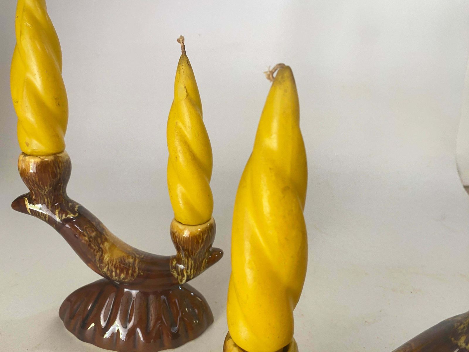 French Pair Pair Of Candle Holder Ceramic France 1970s With Yellow Old Candles photo Home Decor