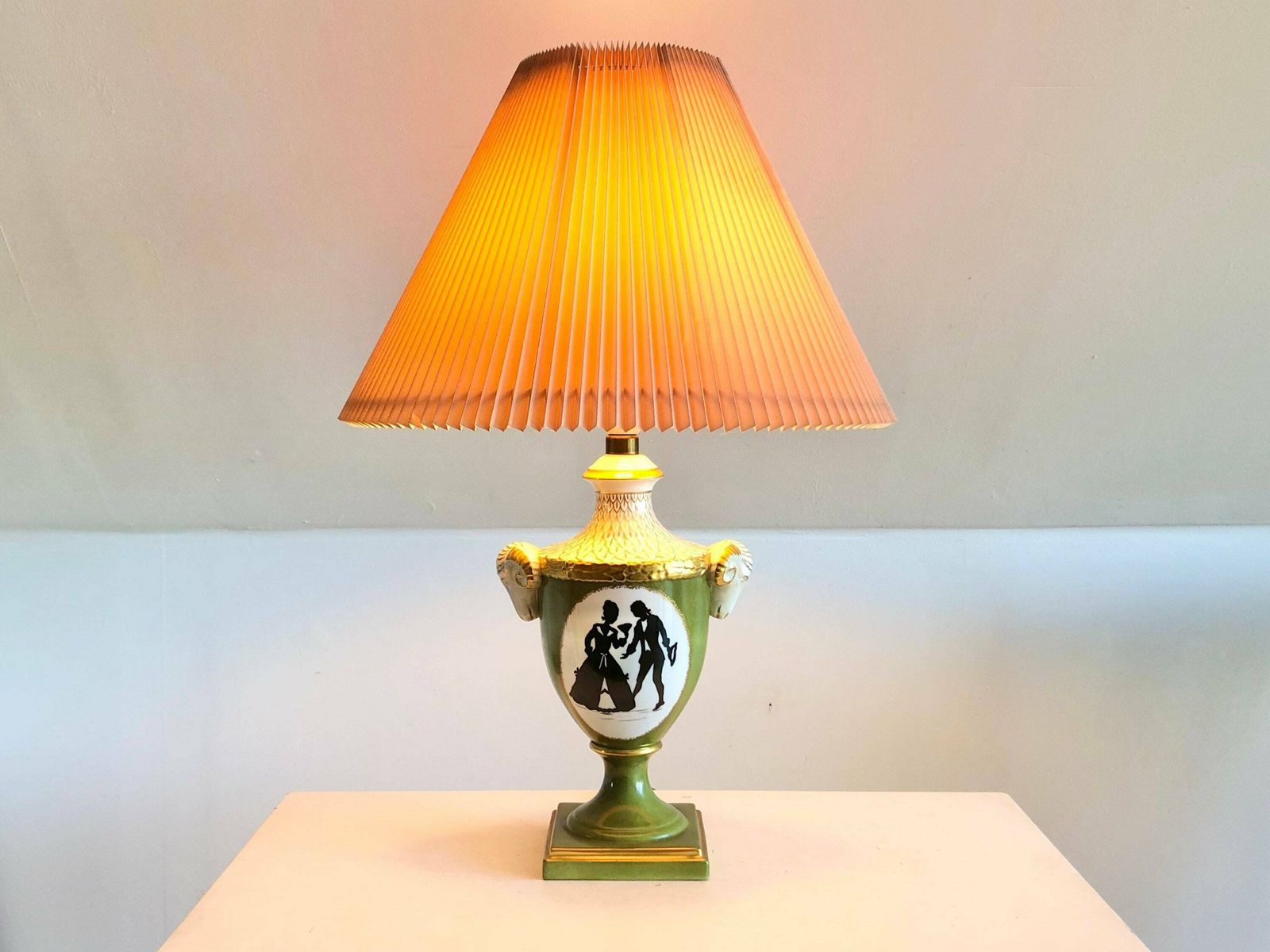 Mid Century Beautiful German Porcelain Handpainted Table Lamp In Gold And Green With Ram Heads   Design By Alka Kunst Bavaria