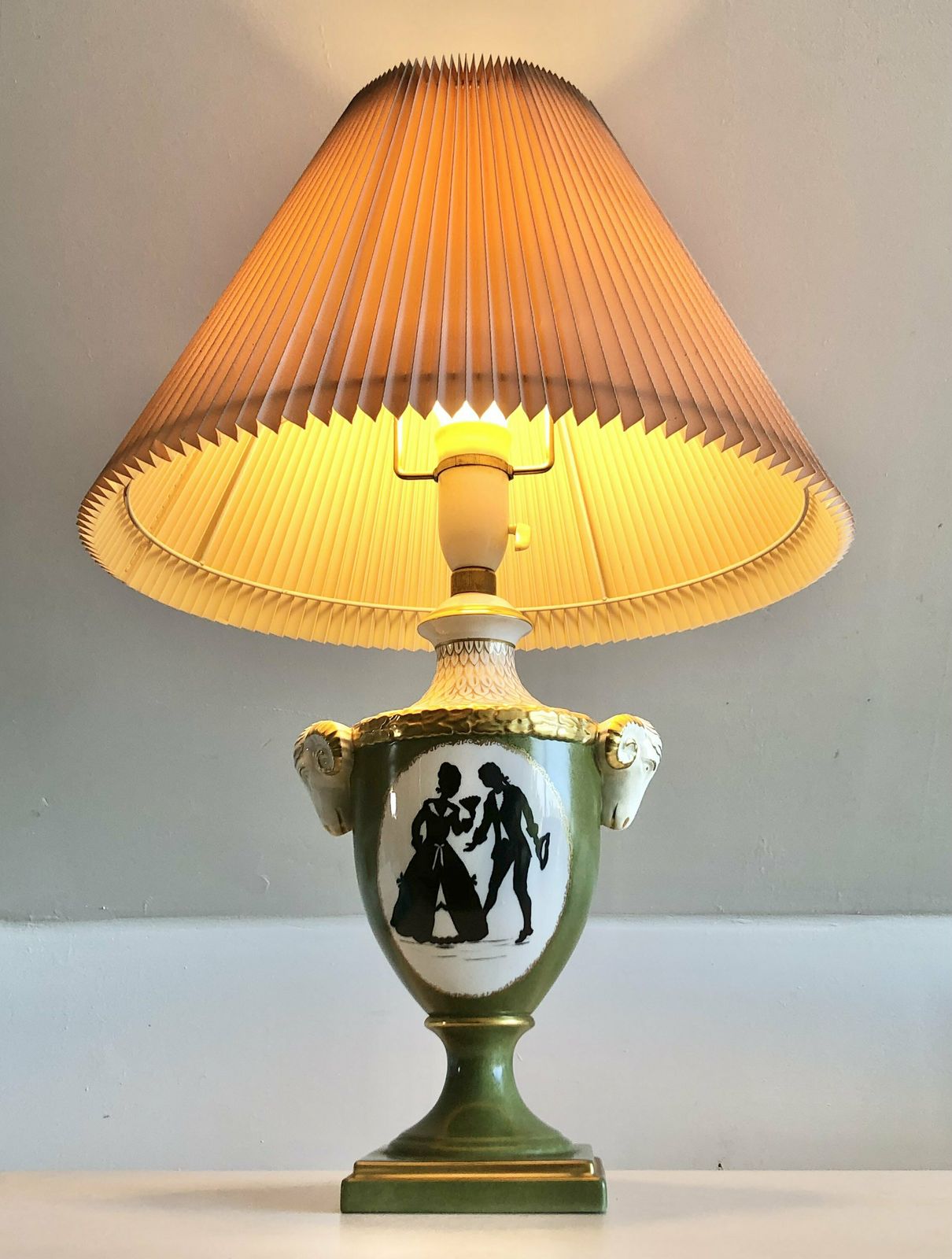 Mid Century Beautiful German Porcelain Handpainted Table Lamp In Gold And Green With Ram Heads   Design By Alka Kunst Bavaria photo furniture