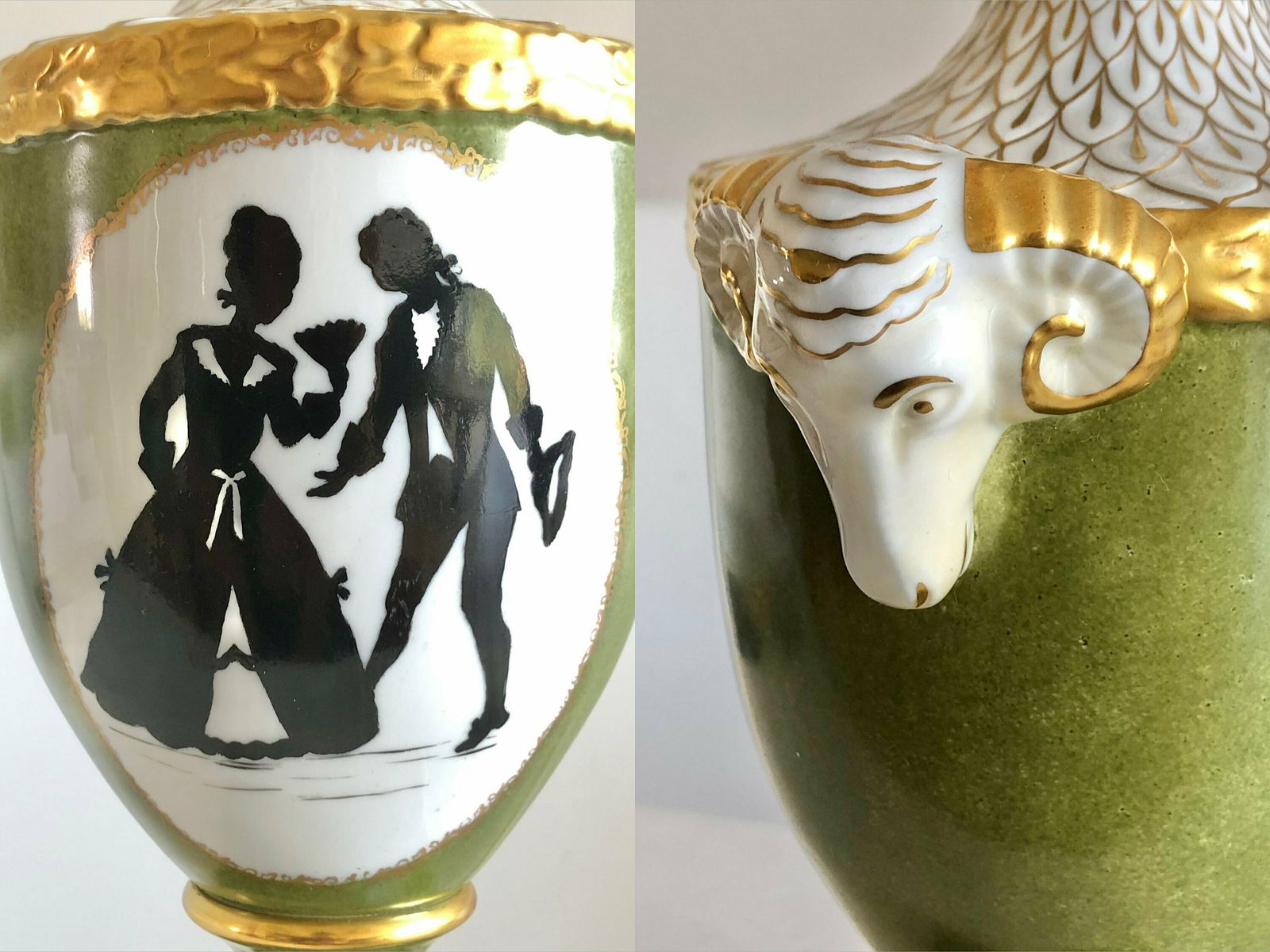 Mid Century Beautiful German Porcelain Handpainted Table Lamp In Gold And Green With Ram Heads   Design By Alka Kunst Bavaria photo buy