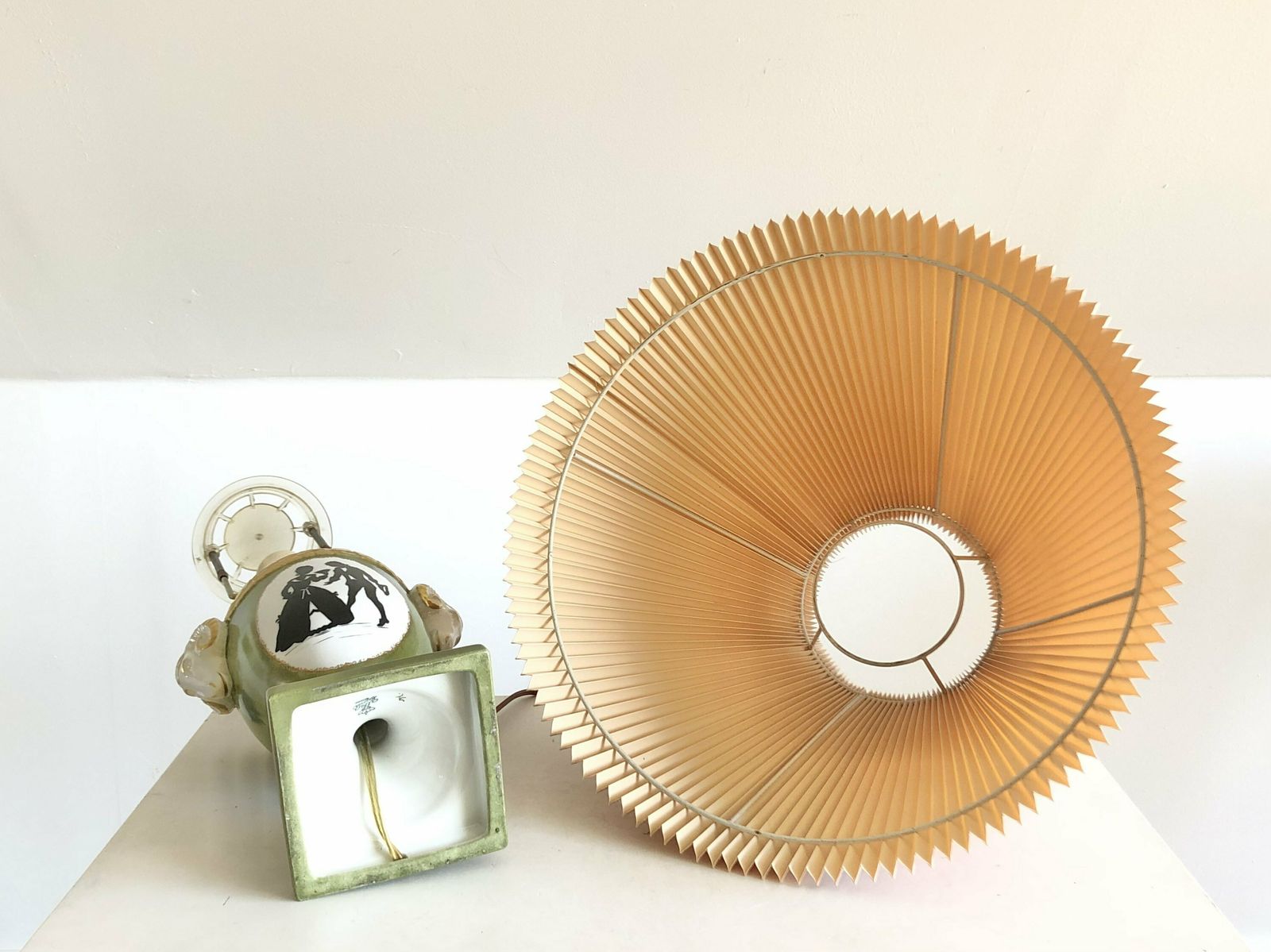 photo for sale Mid Century Beautiful German Porcelain Handpainted Table Lamp In Gold And Green With Ram Heads   Design By Alka Kunst Bavaria