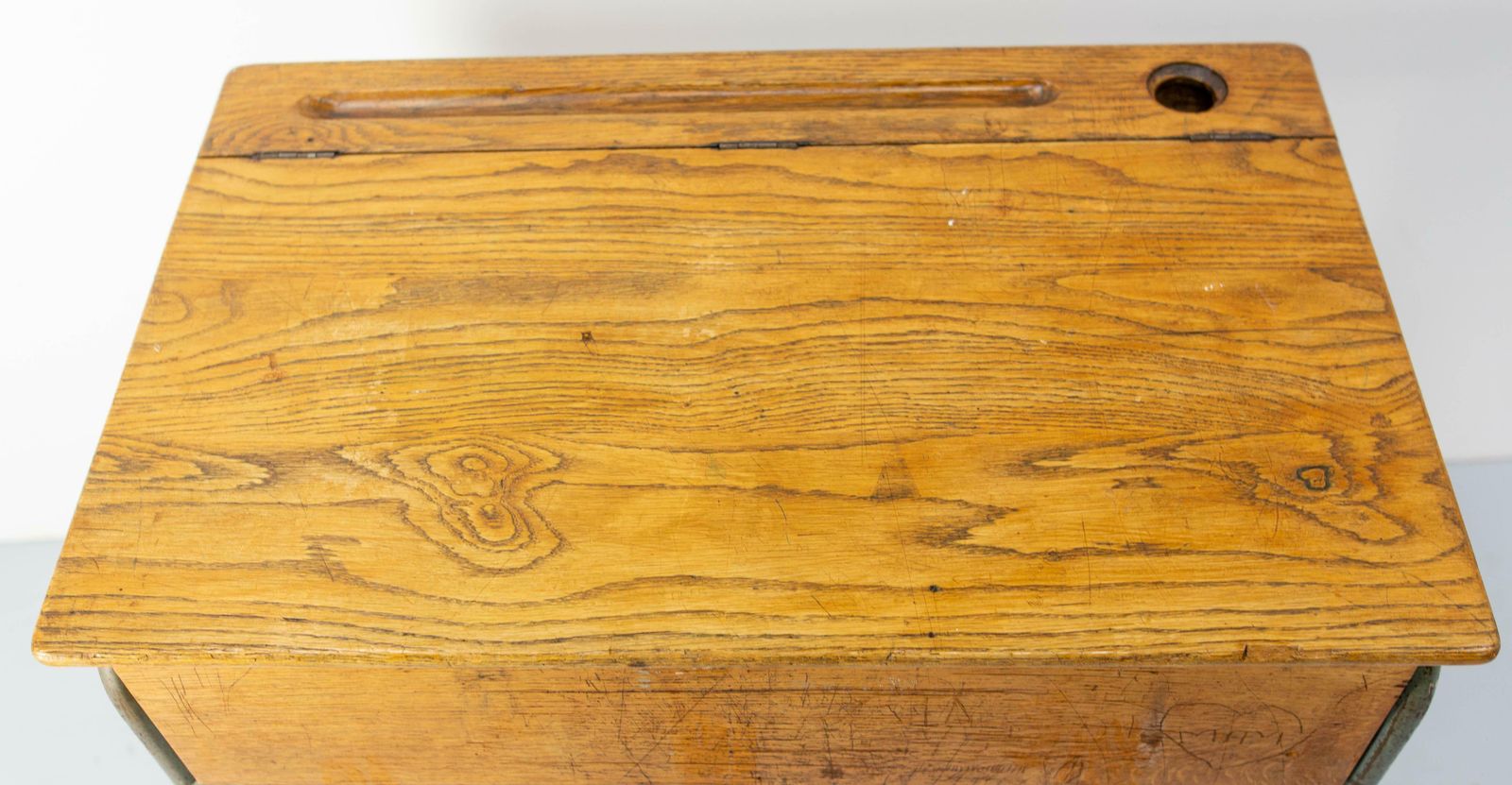 Student Oak & Iron Writing Table Slant Top Desk France, Mid 20th C photo vinterior