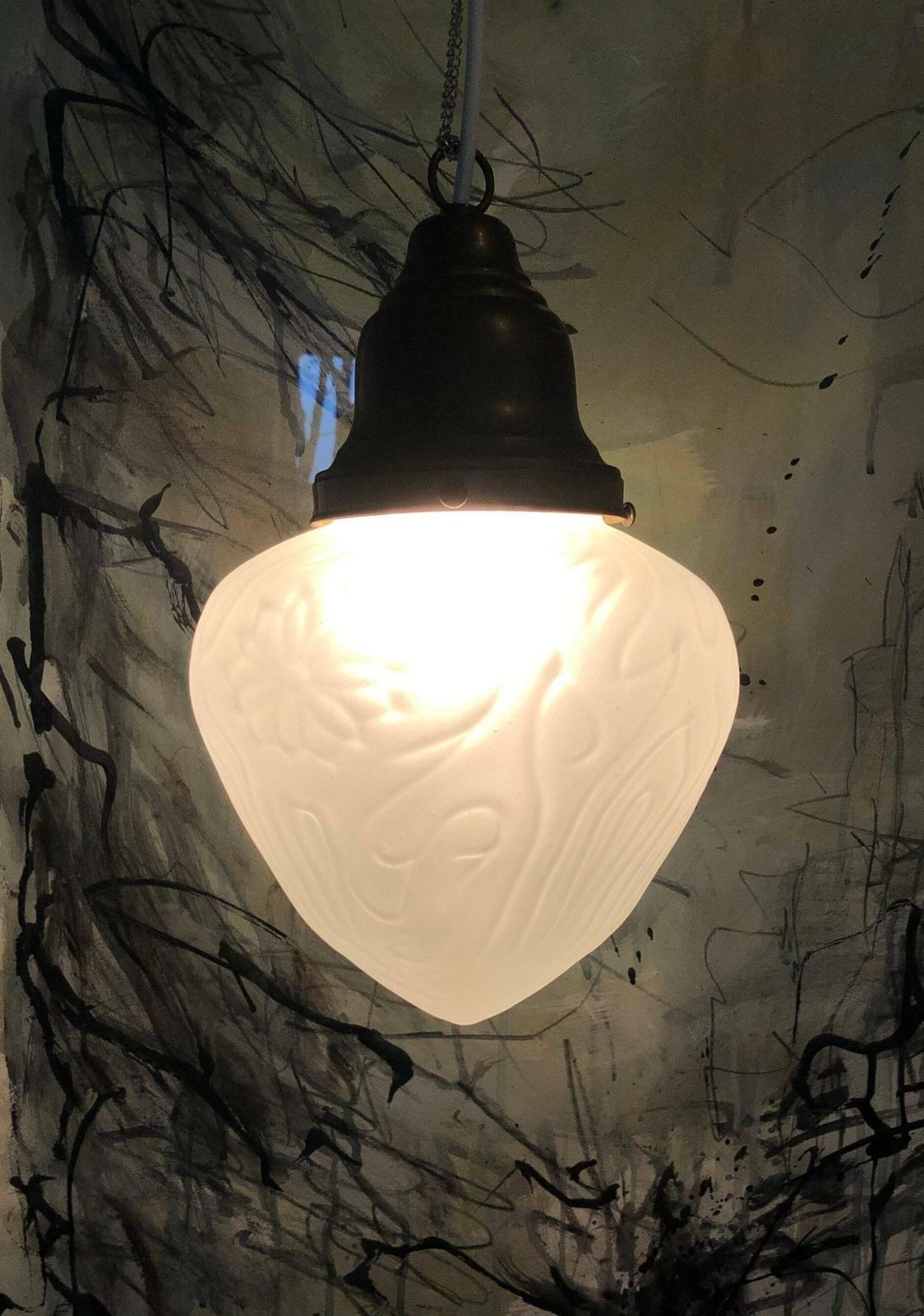Mid Century Danish Art Deco Style Ceiling Lamp In White Frosted Glass With Organic Flower Pattern photo for sale