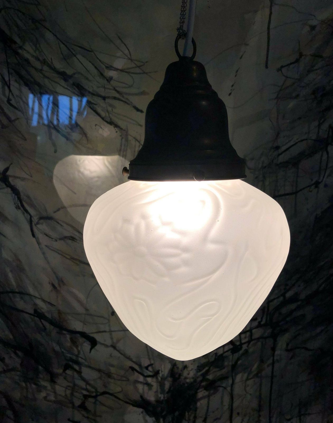 Mid Century Danish Art Deco Style Ceiling Lamp In White Frosted Glass With Organic Flower Pattern photo Lighting