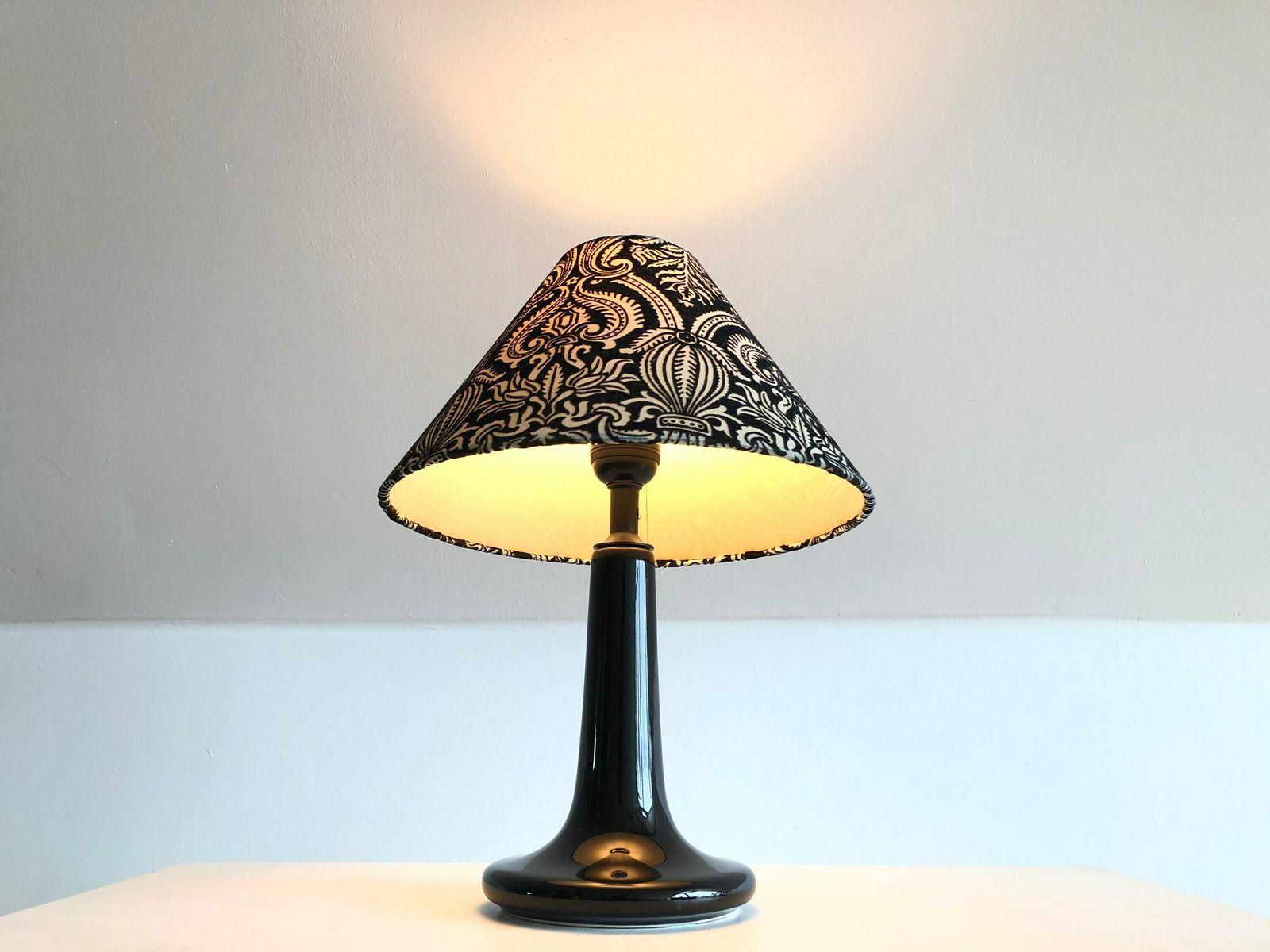 Danish Mid Century Table Lamp In Black Glazed Ceramic Porcelain Base With Black And White Paisley Vintage Fabric Shade   Design By Laoni photo Lighting