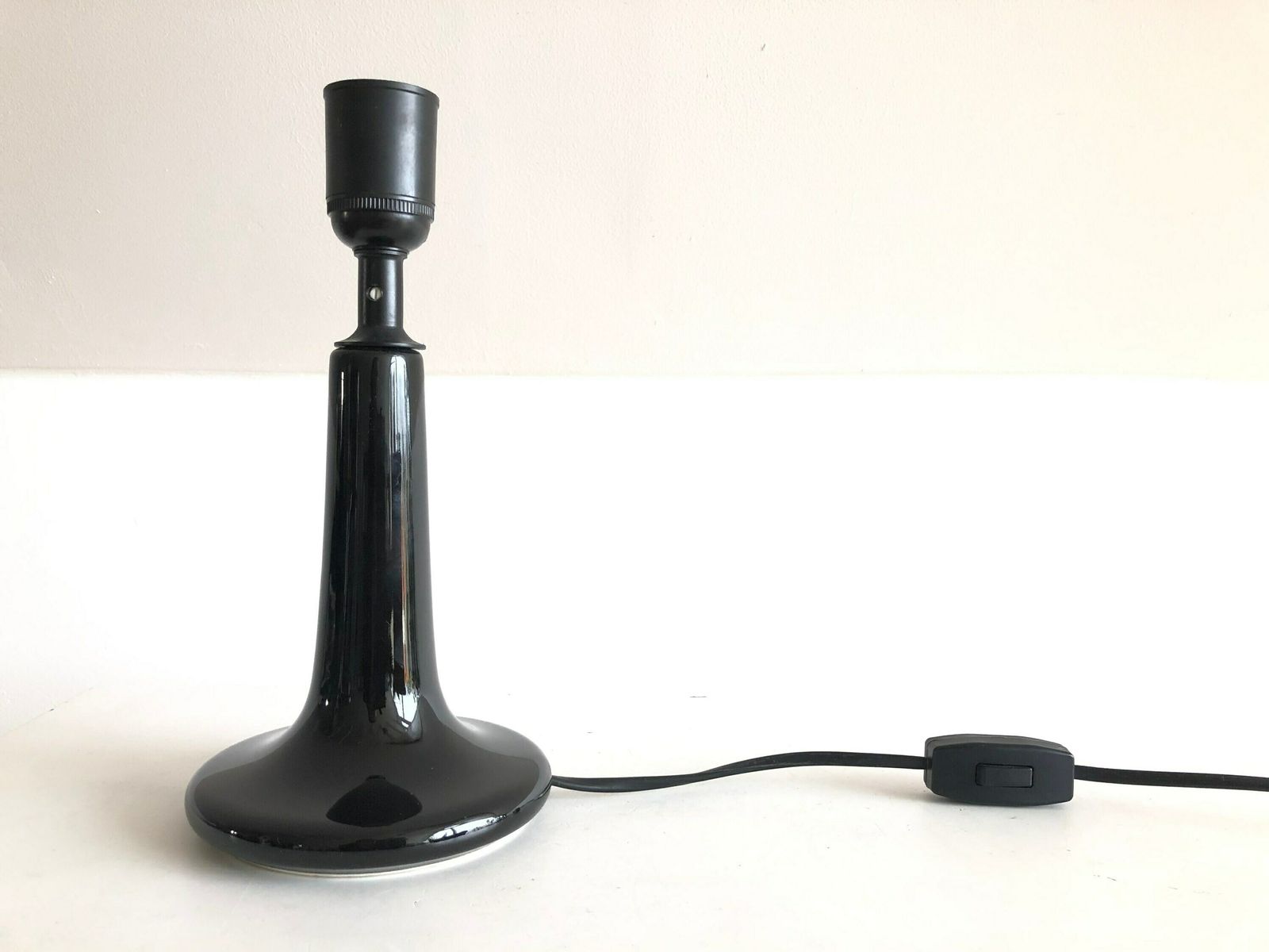 Danish Mid Century Table Lamp In Black Glazed Ceramic Porcelain Base With Black And White Paisley Vintage Fabric Shade   Design By Laoni photo vintage