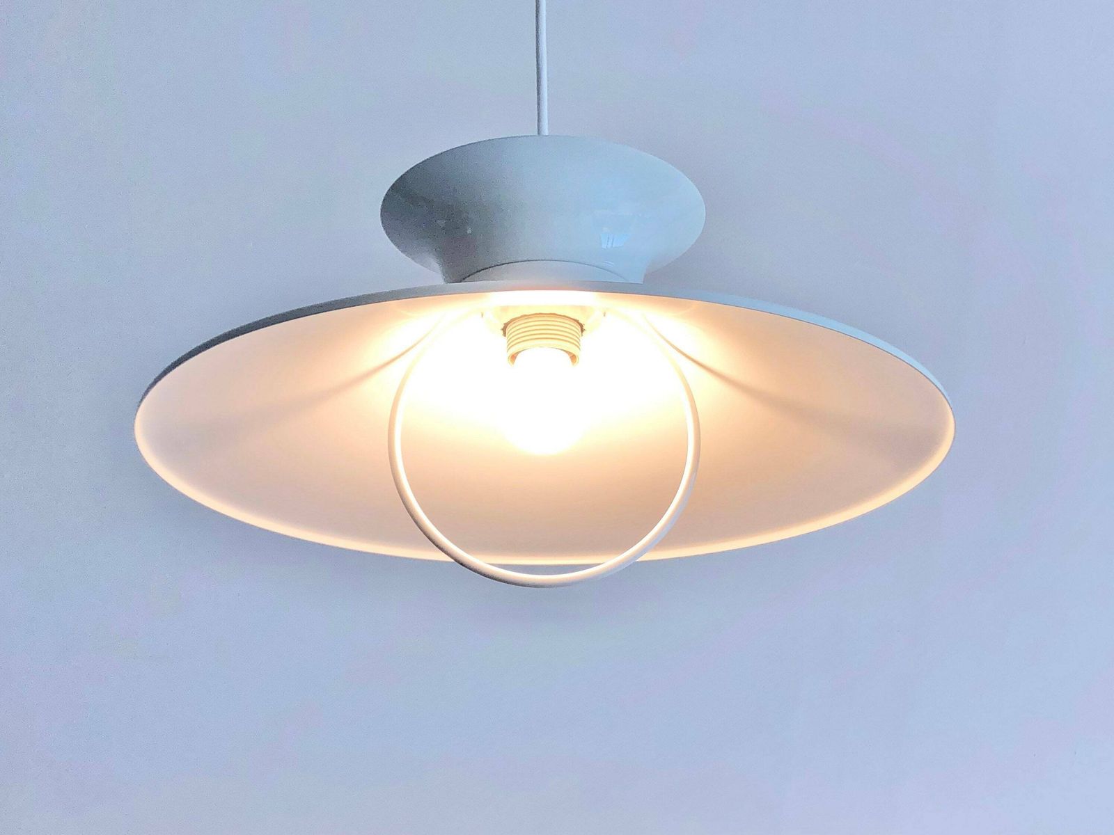 Danish Minimalist Mid Century Design Multilayer Ceiling Lamp In White Metal With Elegant Circle Hanger photo furniture