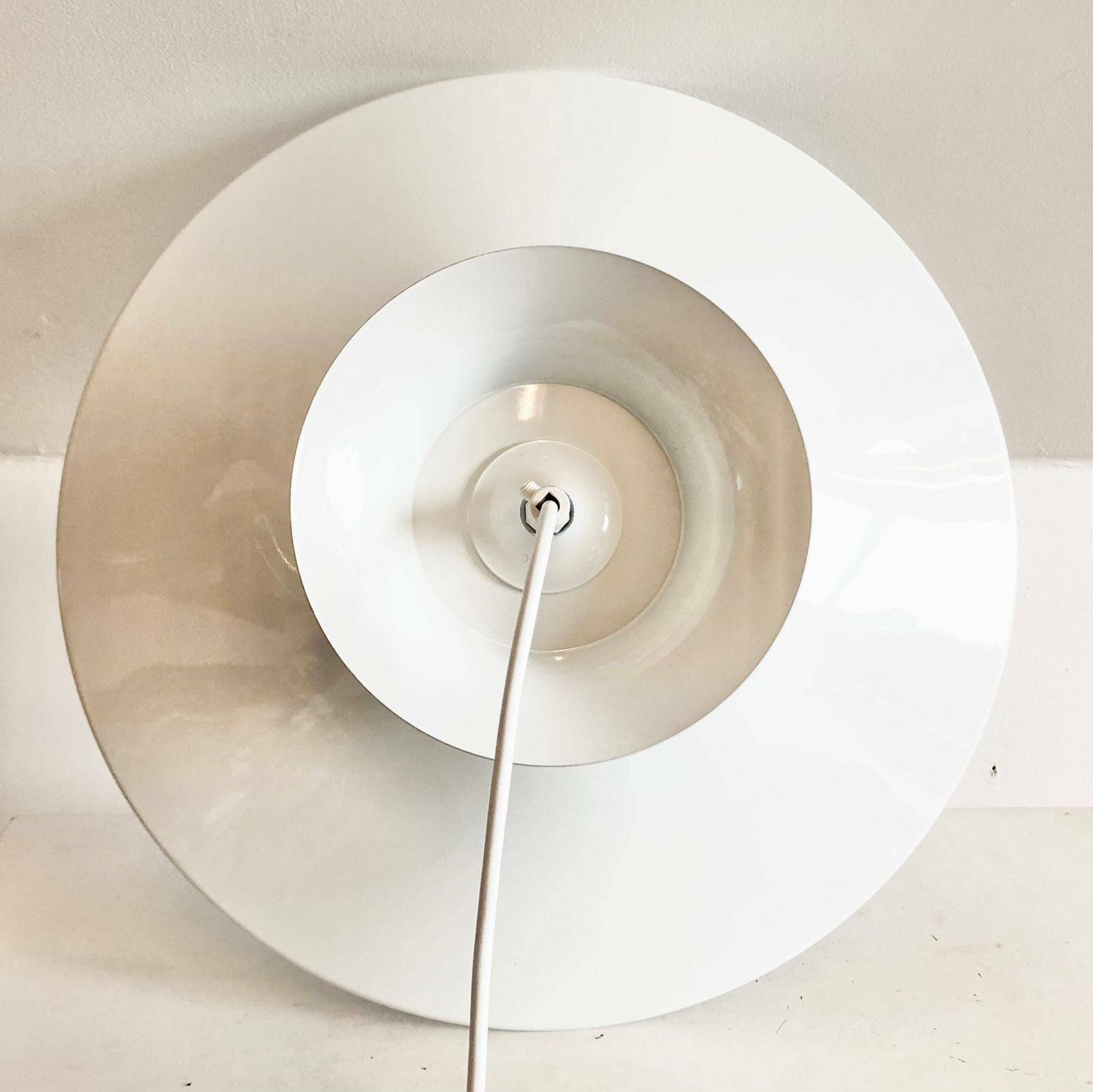 Danish Minimalist Mid Century Design Multilayer Ceiling Lamp In White Metal With Elegant Circle Hanger photo vinterior
