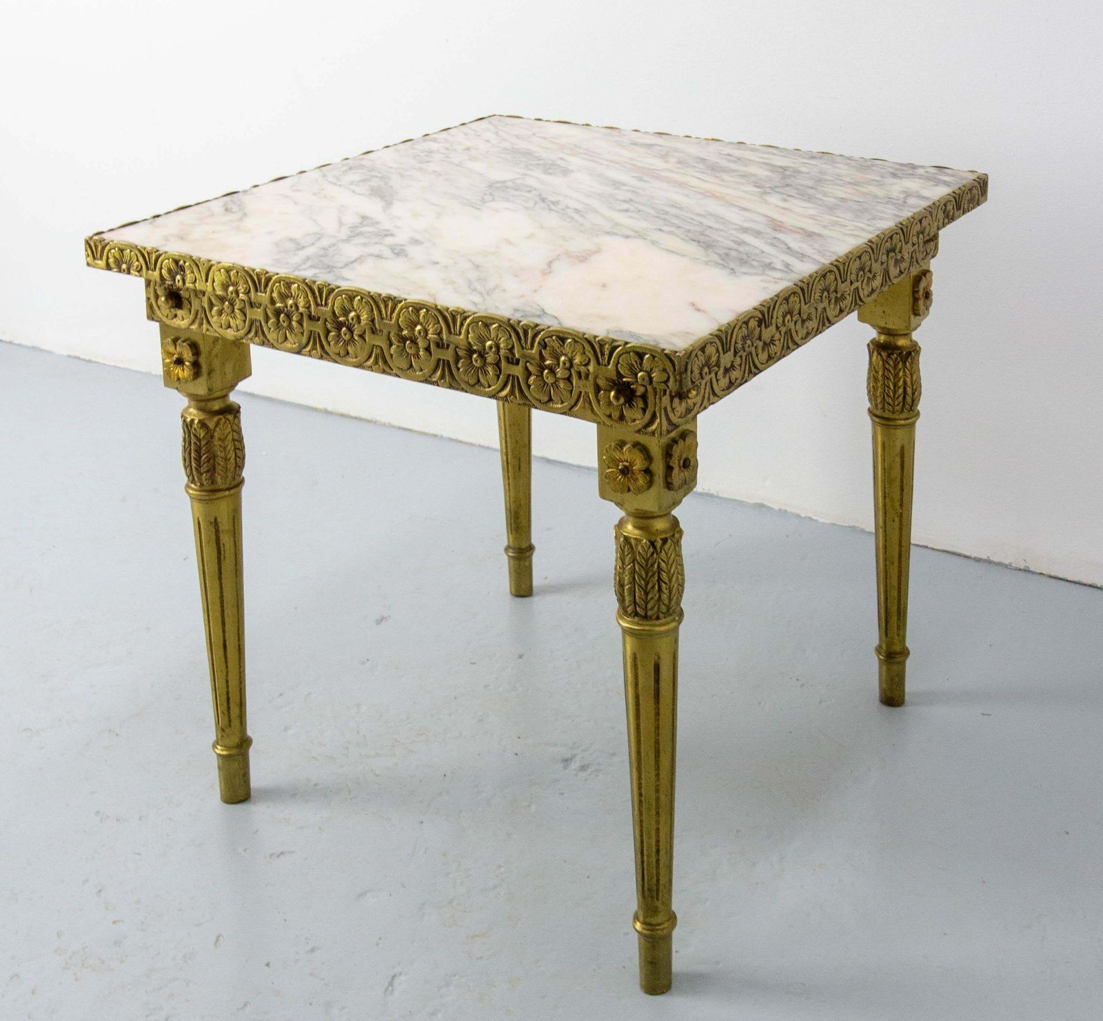 Louis XVI Style Square Side Low Table Brass Marble French, Circa 1960 photo Furniture