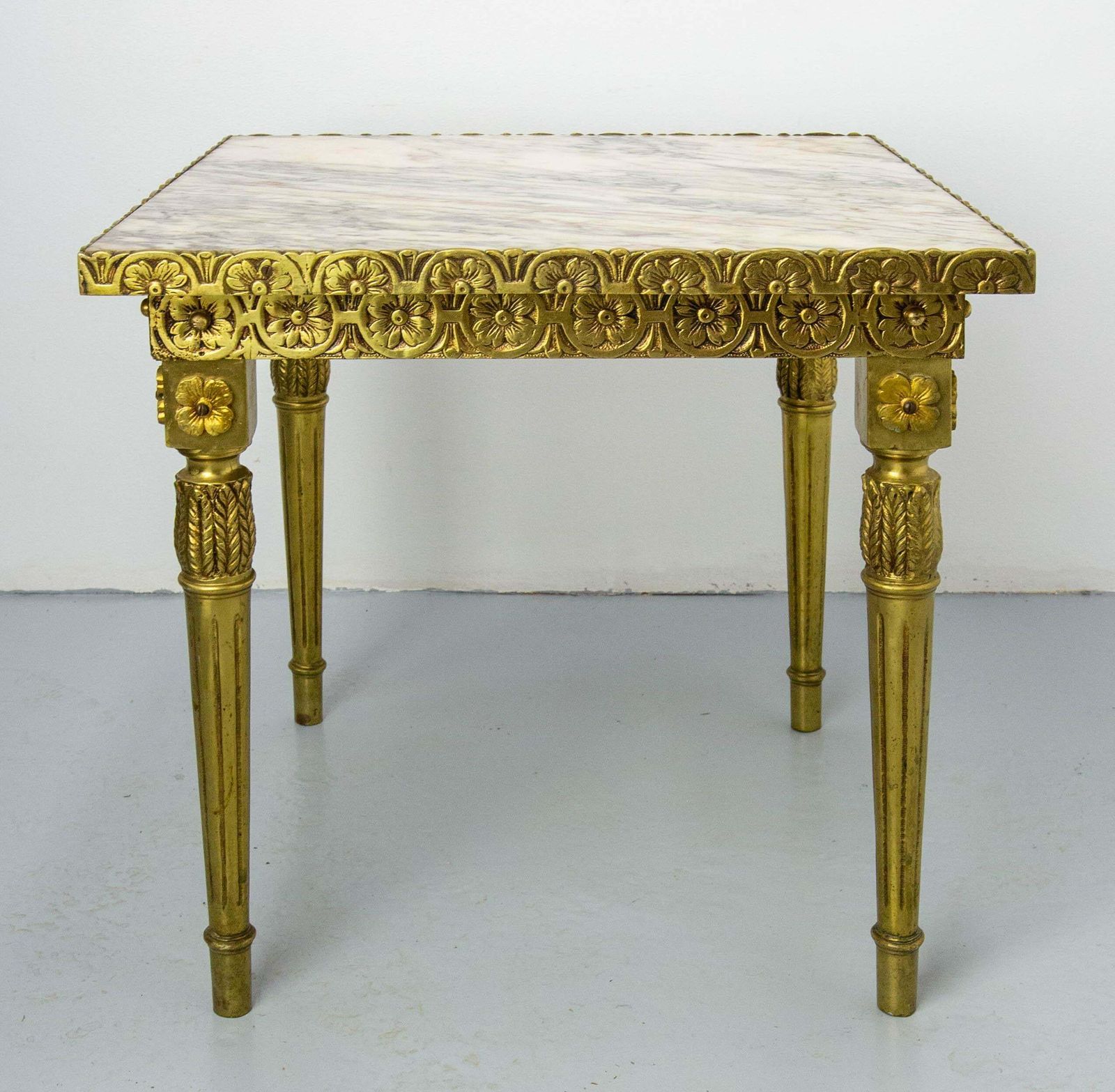Louis XVI Style Square Side Low Table Brass Marble French, Circa 1960 photo buy