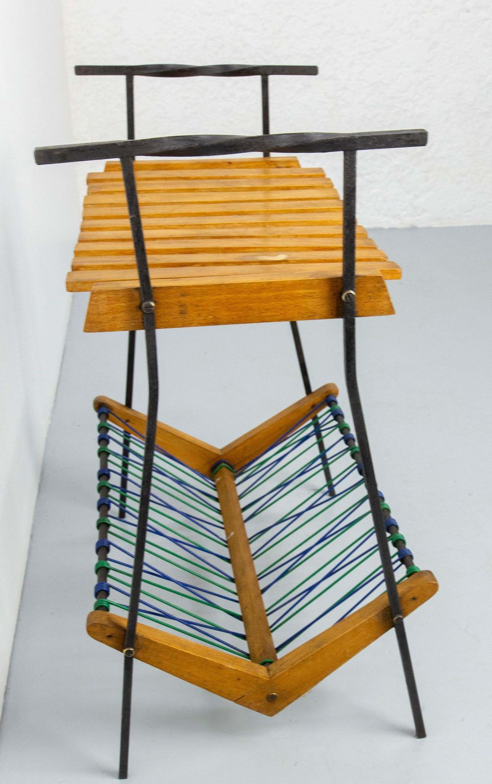 French Side Table And Magazine Rack Stand, Beech Iron & Circa 1950 photo vinterior