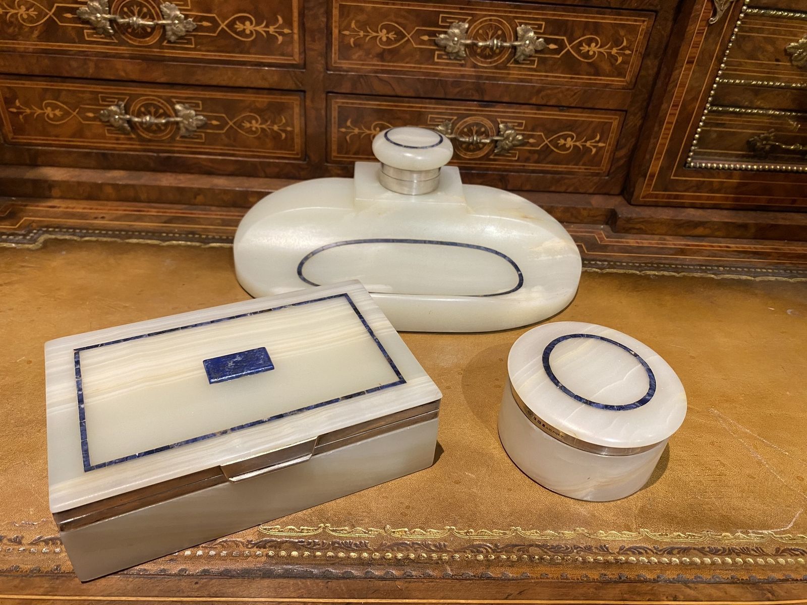 Art Deco Onyx, Lapis & Silver Desk Set, By George Betjemann For Aspreys, London, 1921 photo for sale