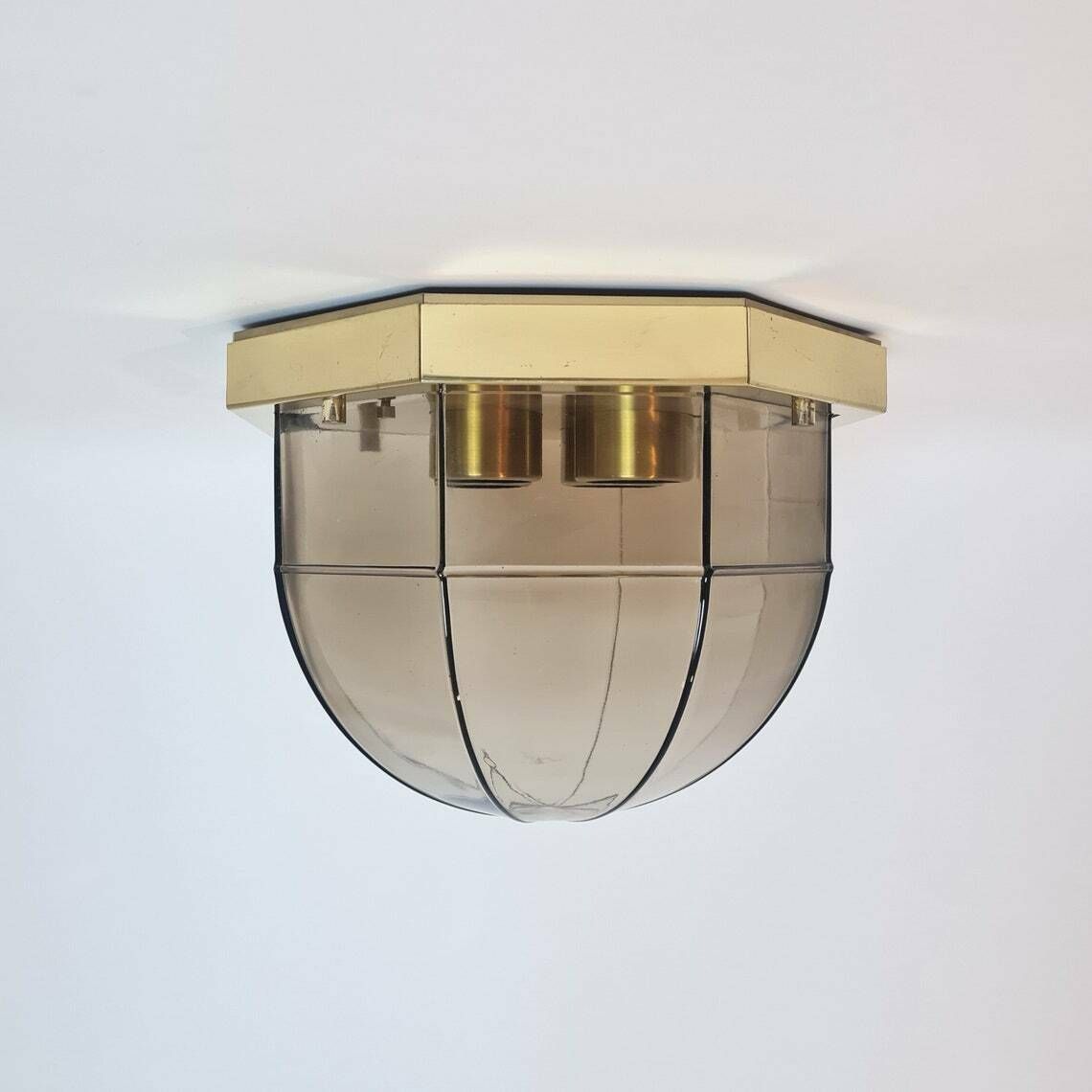 Vintage Hollywood Regency Brass And Smoky Glass Limburg Ceiling Lamp 70s