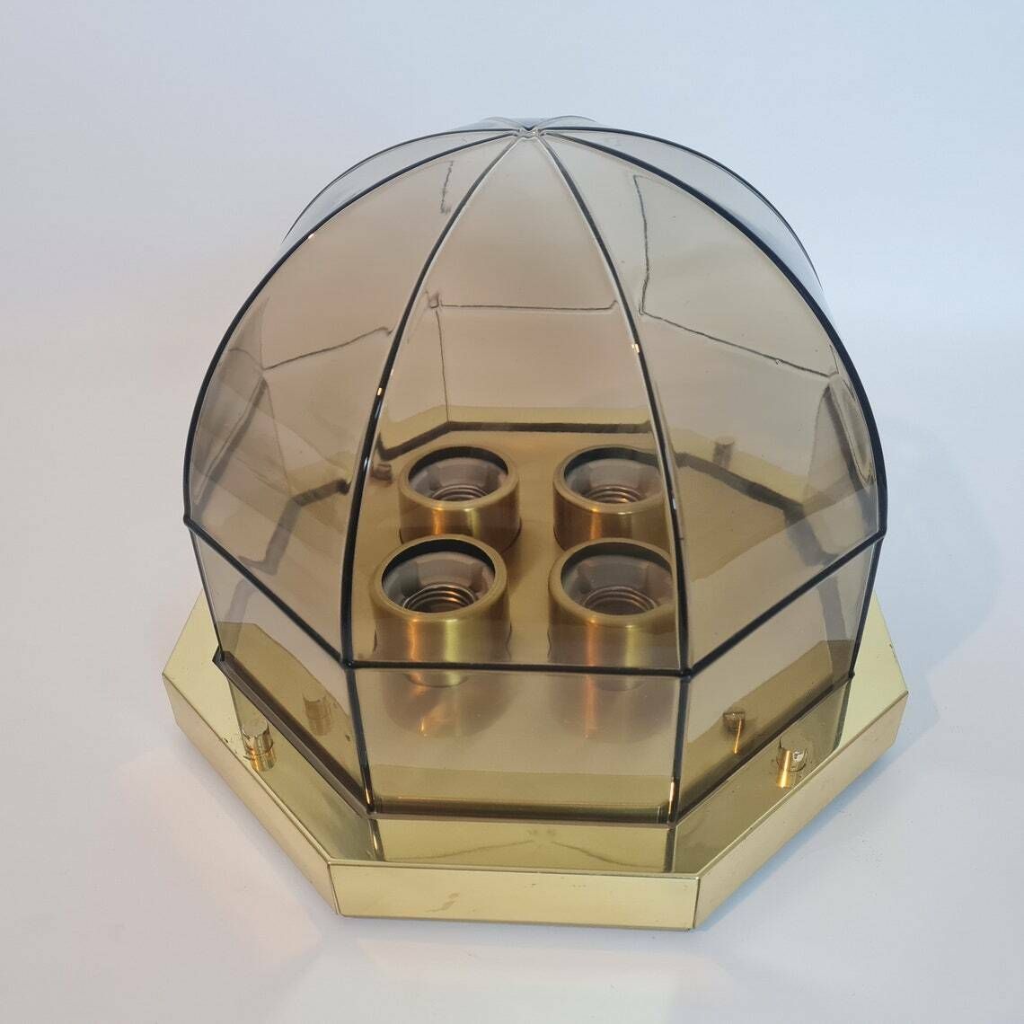 Vintage Hollywood Regency Brass And Smoky Glass Limburg Ceiling Lamp 70s photo for sale