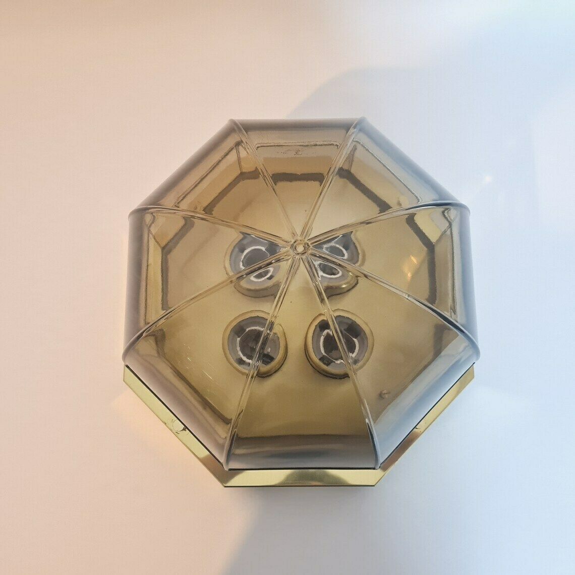 Vintage Hollywood Regency Brass And Smoky Glass Limburg Ceiling Lamp 70s photo 492.0
