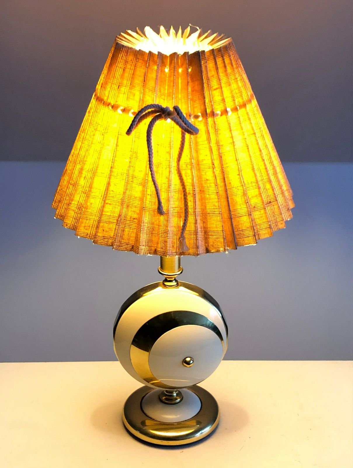 Mid Century Modern Danish Table Lamp With Circular Shapes In White And Brass With Beige Vintage Pleated Shade   Design By Ts Belysning photo Lighting