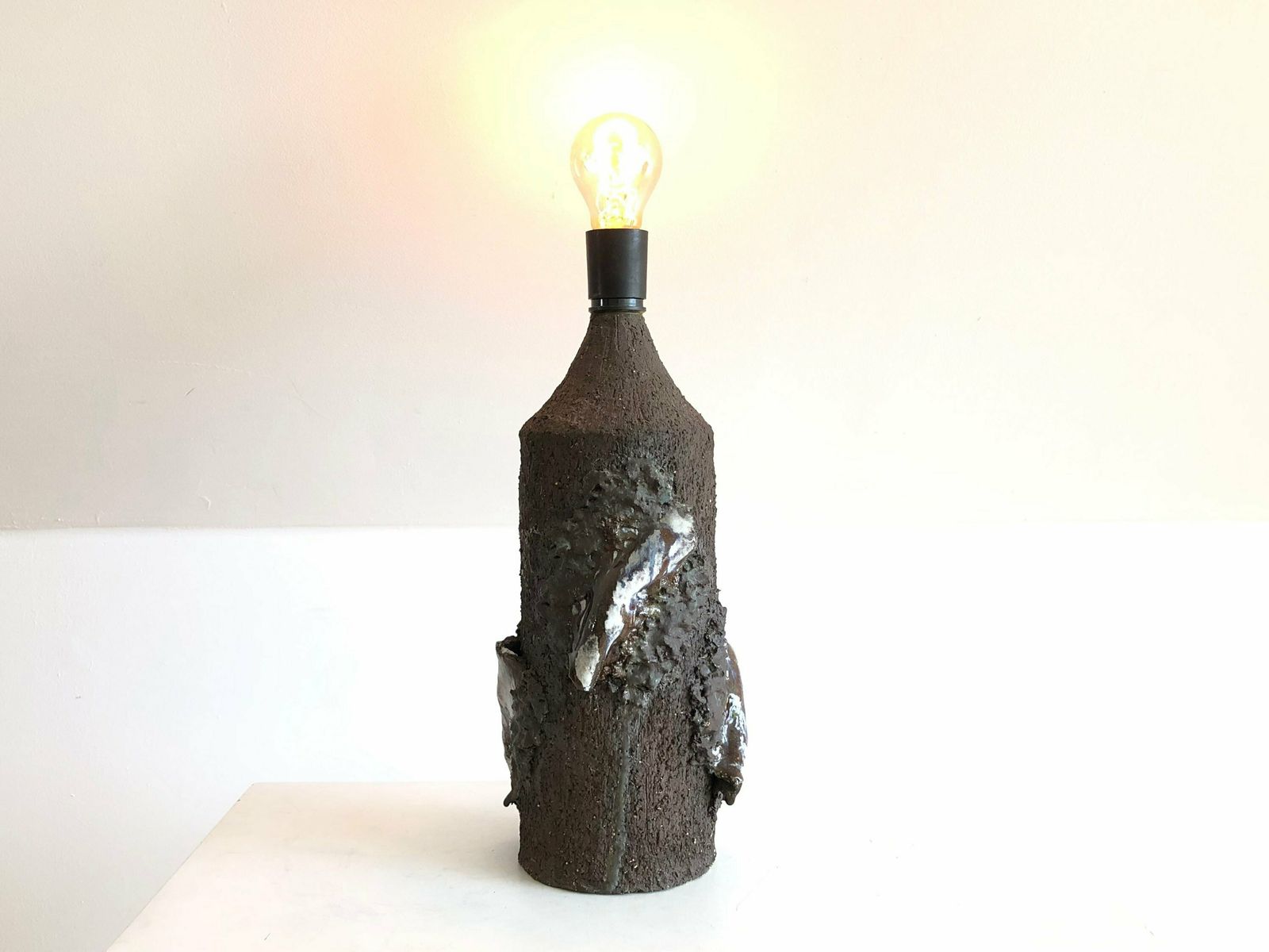 Danish Sculptural Ceramic Mid Century Table Lamp With Organic Shapes In Raw Clay With Blue And White Glaze