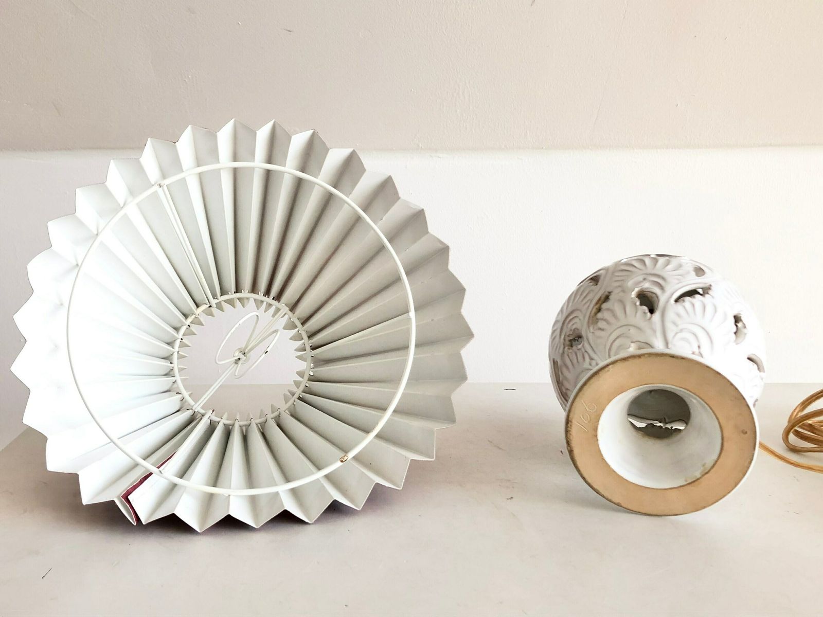 Danish Art Deco Ceramic White Glaze Table Lamp With Beautiful Organic Carved Pattern And Dark Rose Fabric Pleated Shade photo buy