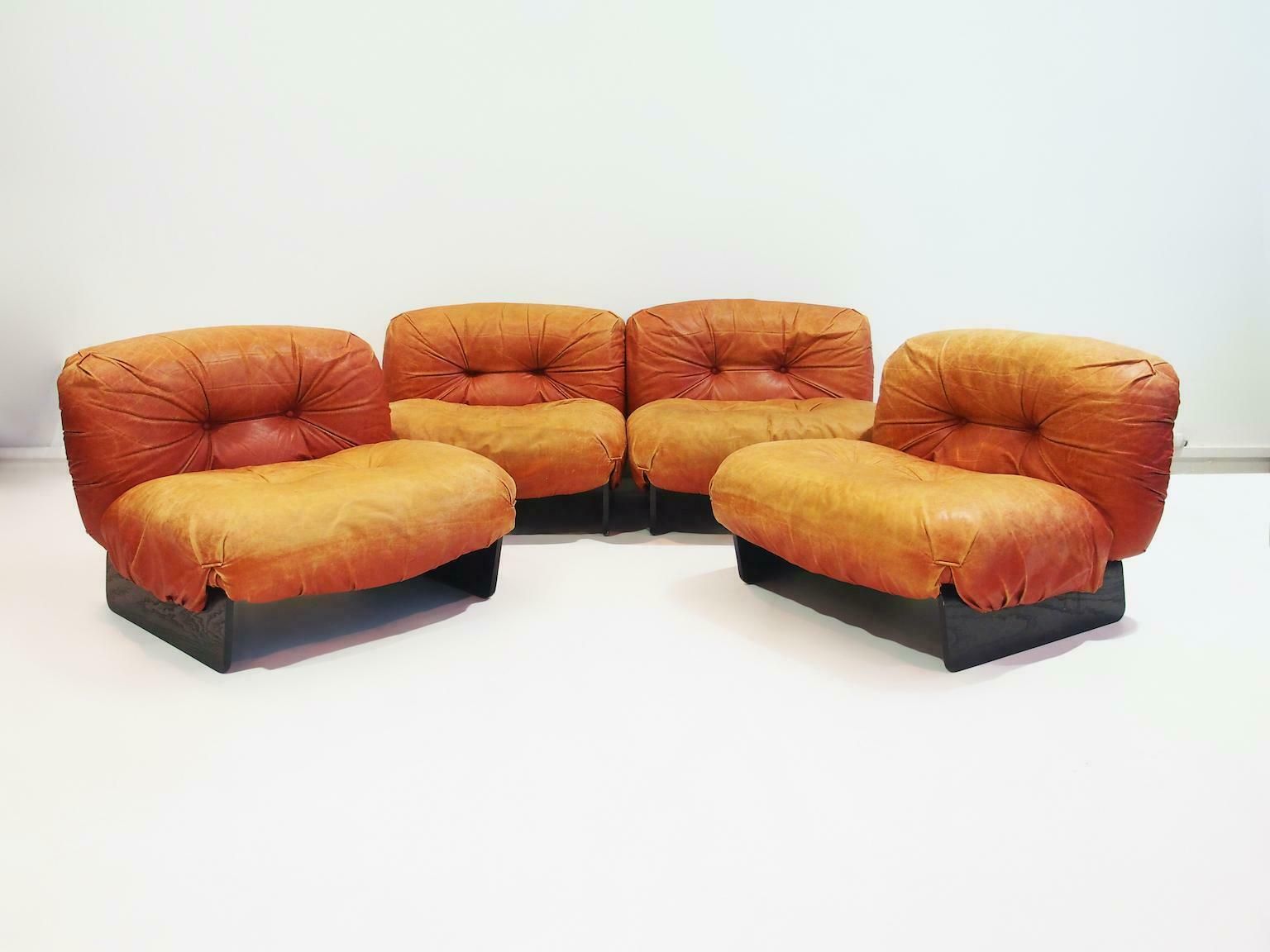 Set Of Four Giuseppe Munari Modular Lounge Chairs Upholstered In Cognac Leather photo Furniture