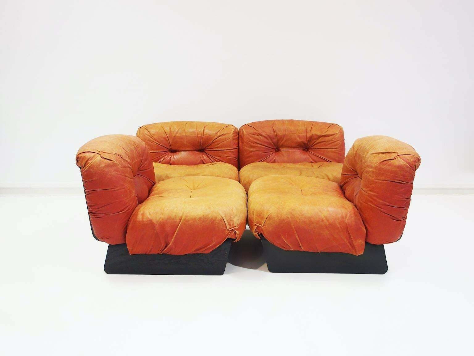 Set Of Four Giuseppe Munari Modular Lounge Chairs Upholstered In Cognac Leather photo 6862.0