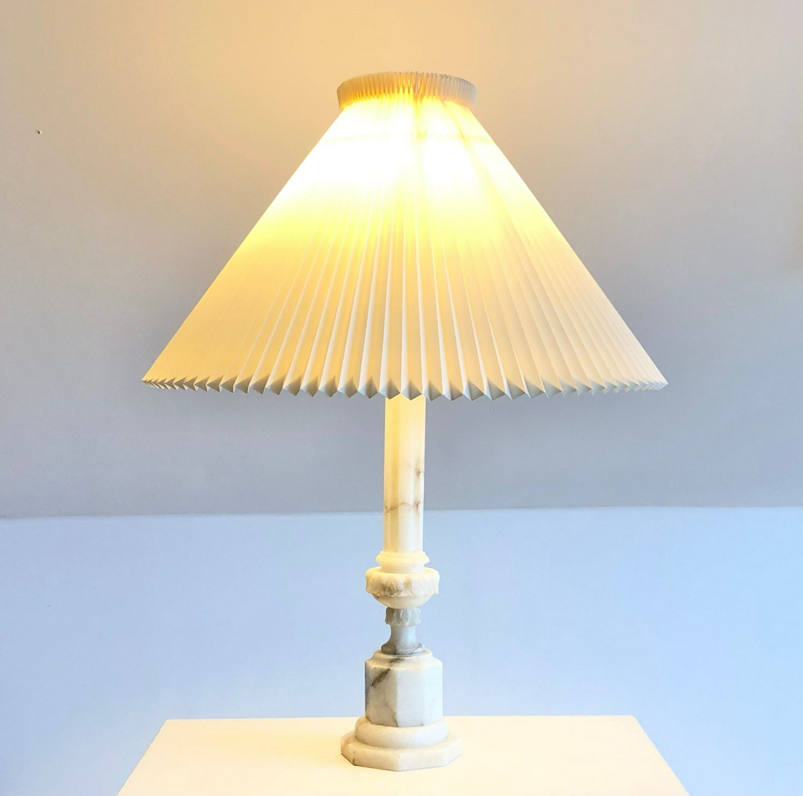 Gorgeous Large Vintage White Alabaster Empire Style Statement Table Lamp With Huge Original Le Klint Pleated Shade In White photo furniture