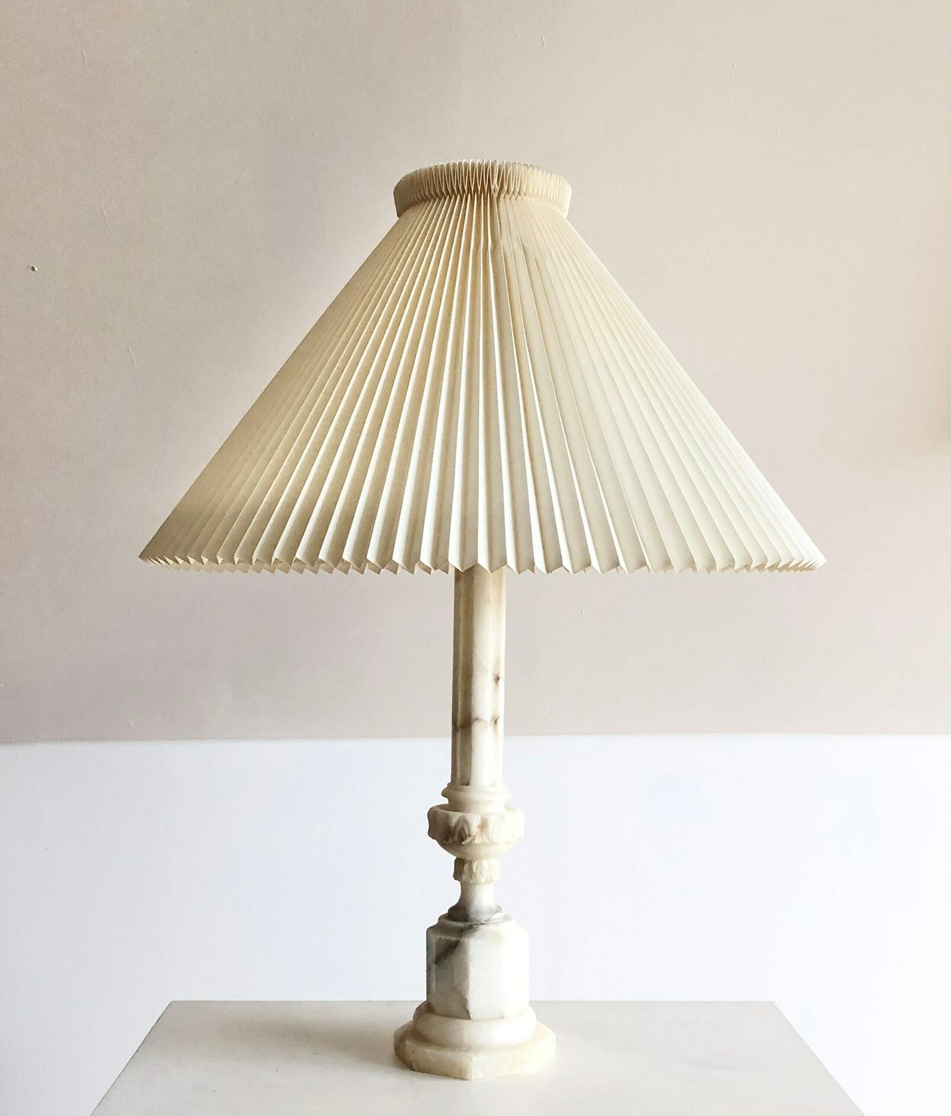 Gorgeous Large Vintage White Alabaster Empire Style Statement Table Lamp With Huge Original Le Klint Pleated Shade In White photo Lighting