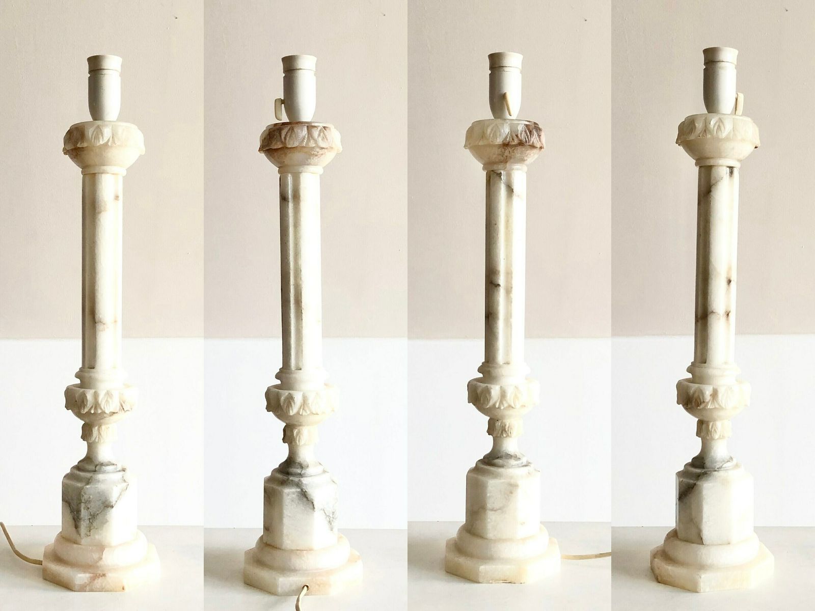 Gorgeous Large Vintage White Alabaster Empire Style Statement Table Lamp With Huge Original Le Klint Pleated Shade In White photo vintage