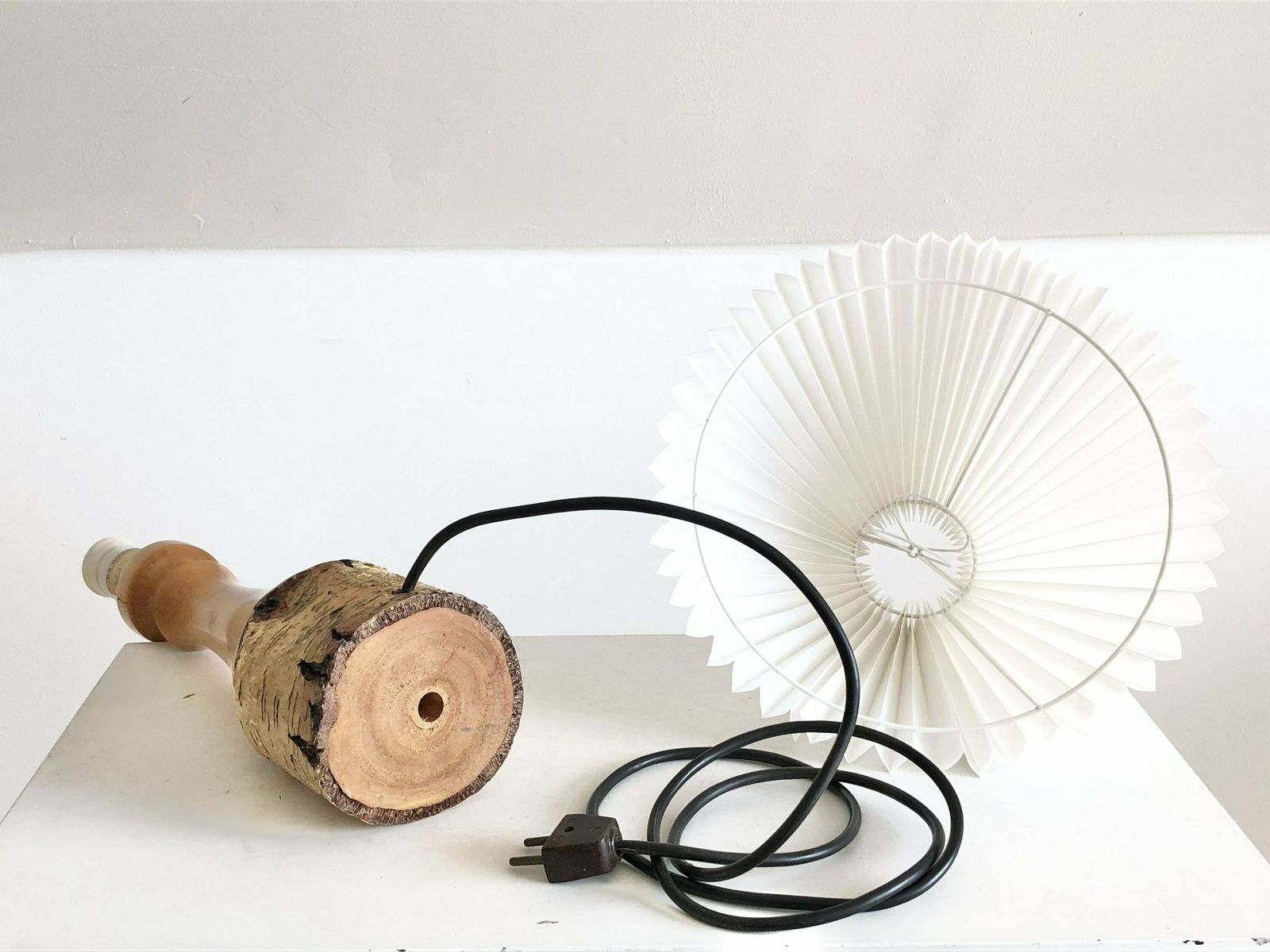 Danish Mid Century Modern Table Lamp Early Model With Natural Birch Wood Base And White Pleated Shade   Design From E.S. Horn, Denmark photo vintage