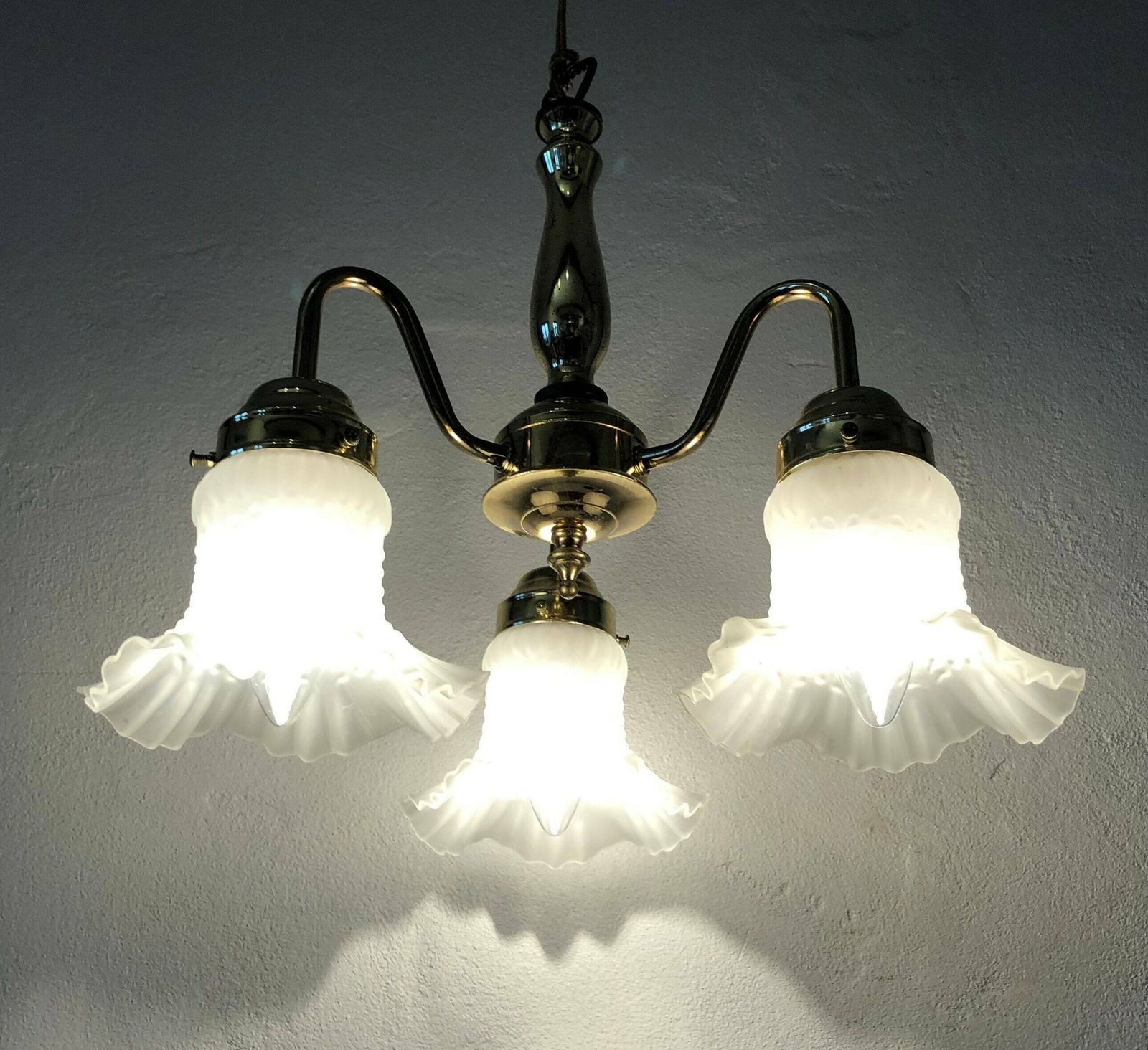 Danish Mid Century Beautiful And Romantic Three Armed Ceiling Lamp With Patterned Glass Shades And Gold Metal Details photo for sale