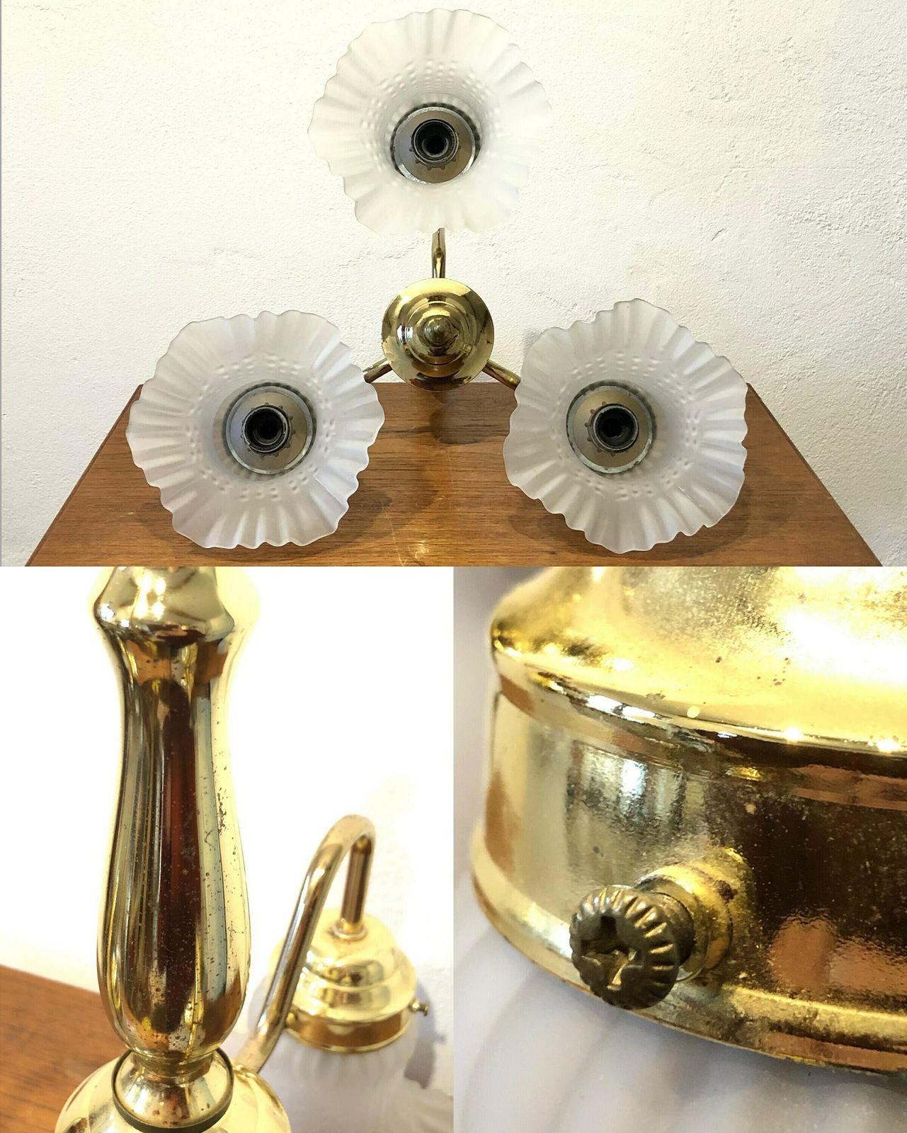 photo furniture Danish Mid Century Beautiful And Romantic Three Armed Ceiling Lamp With Patterned Glass Shades And Gold Metal Details