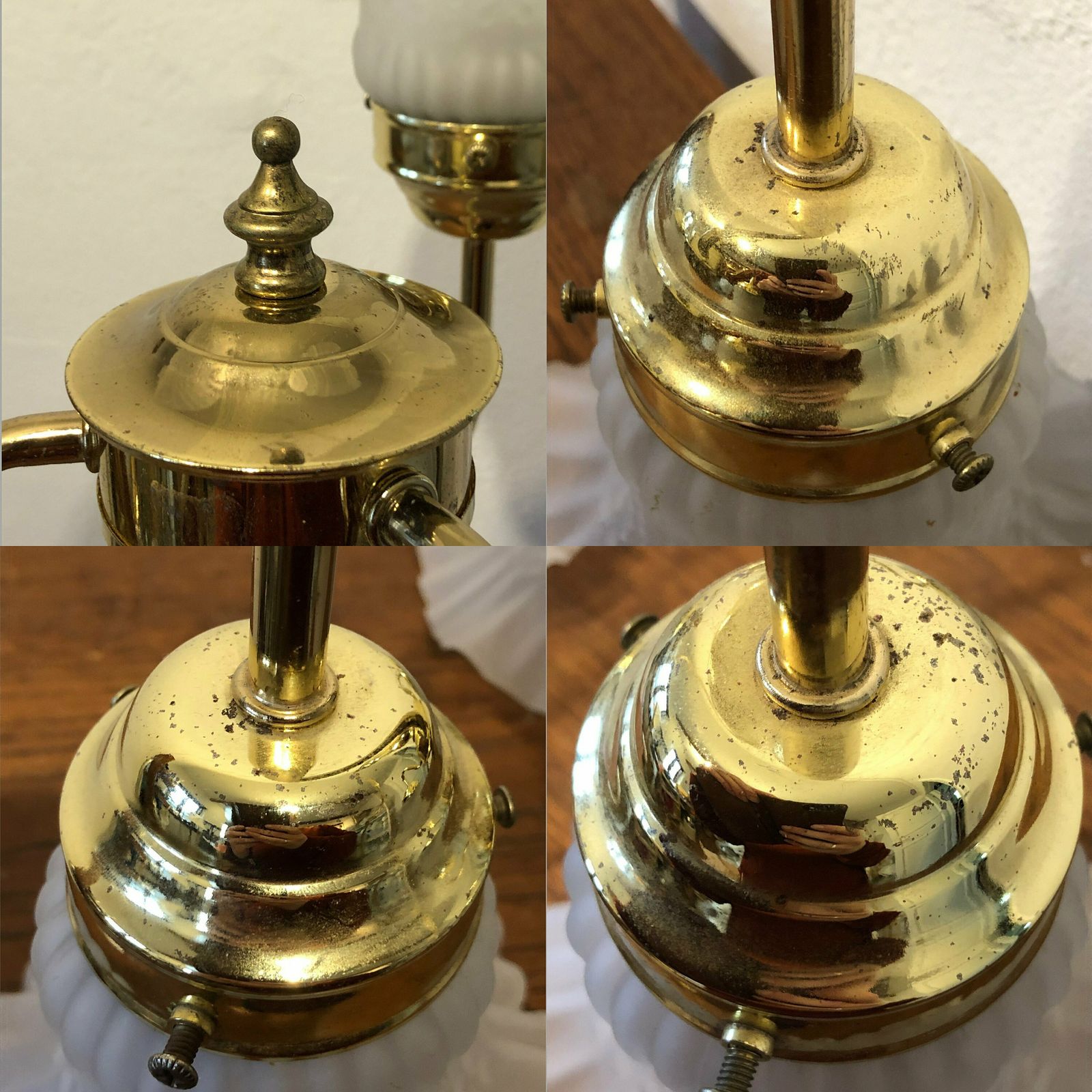 photo for sale Danish Mid Century Beautiful And Romantic Three Armed Ceiling Lamp With Patterned Glass Shades And Gold Metal Details