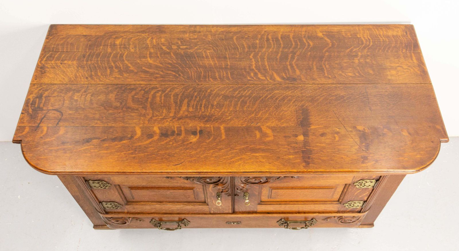 French Huge Oak & Bronze Buffet Neogothic Style Acanthus Leaves Circa 1900 photo vinterior