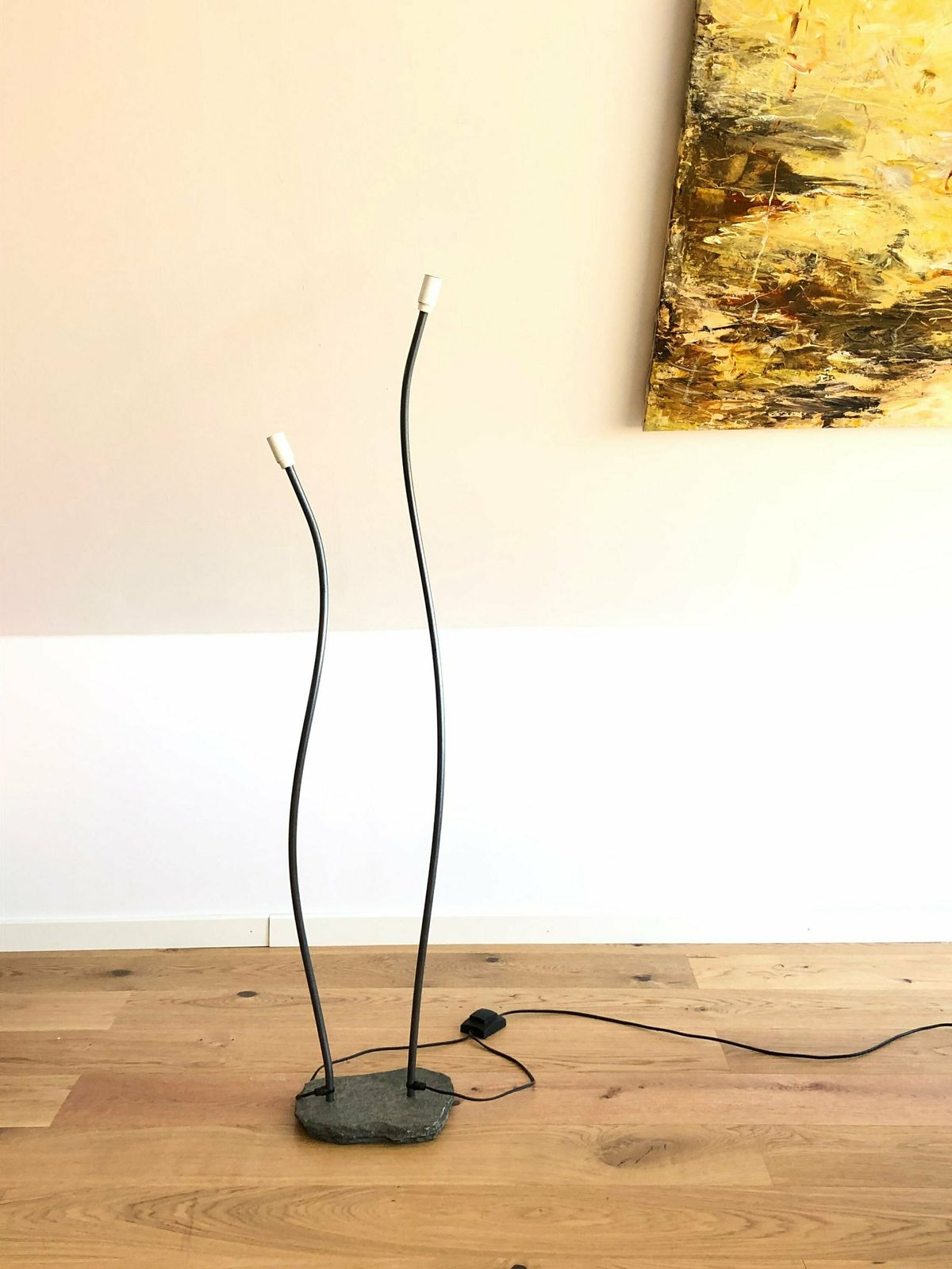 Rare Caprani Design Original Vintage Danish Floor Lamp With Swaying Organic Twin Poles And Unique Granite Base
