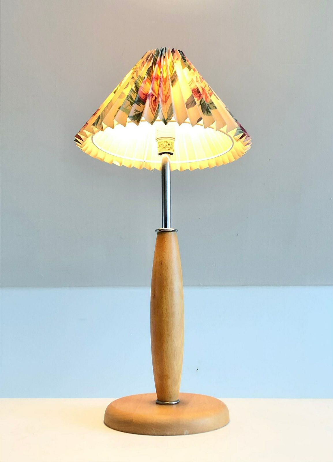 Danish Postmodern "Lotus" Table Lamp In Wood With Chrome Details And Flower Pattern Pleated Shade   Design From Design Light photo for sale