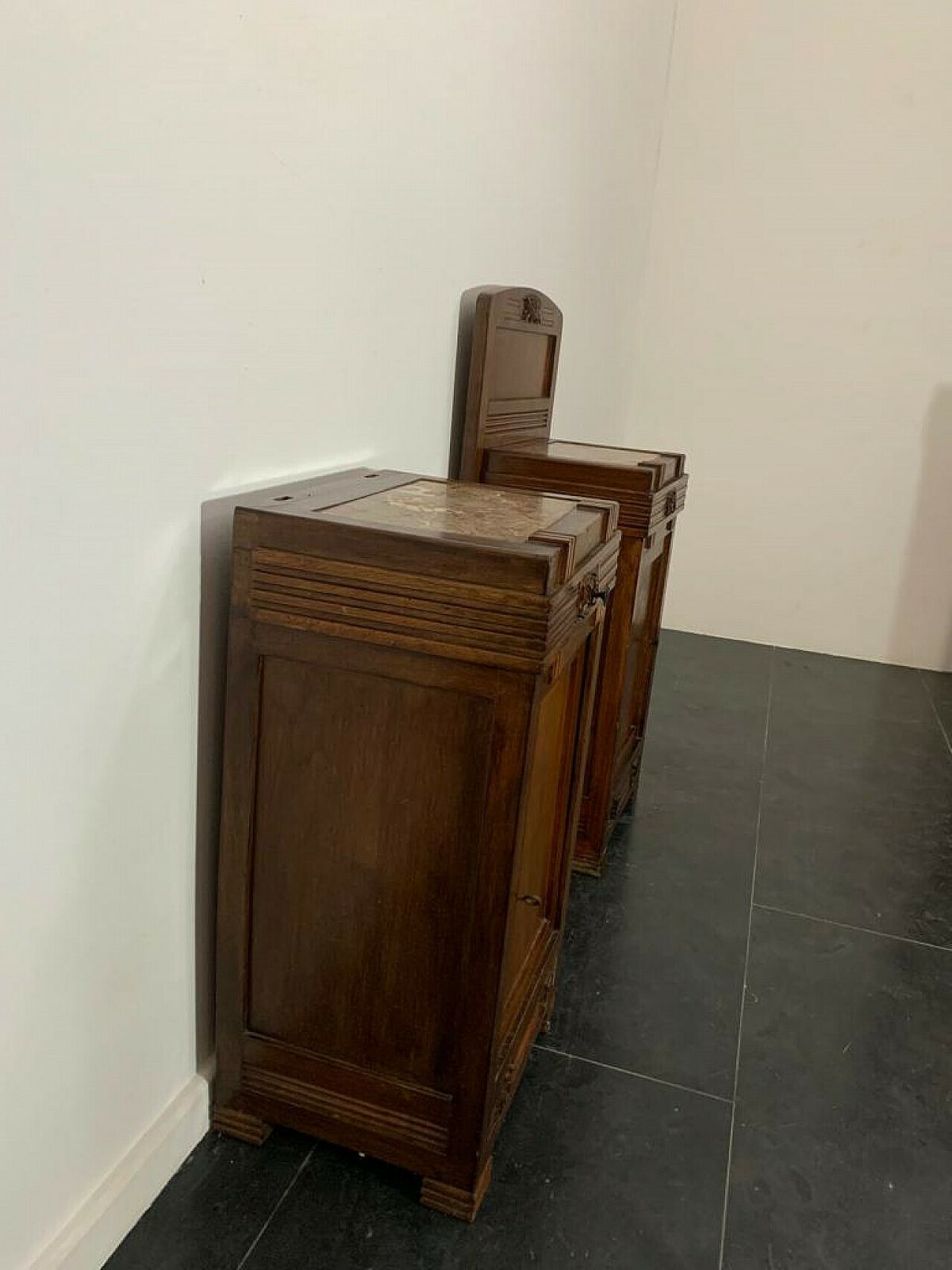 photo buy Pair Of Art Nouveau Cherry Wood Bedside Tables, Early 20th Century