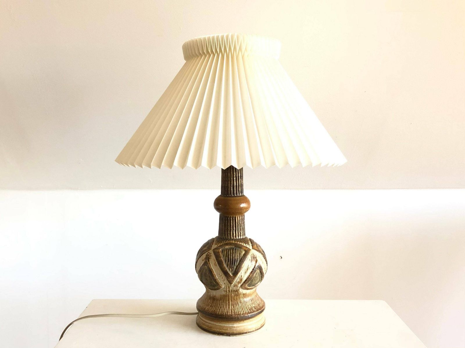 Exclusive Danish Ceramic Sculptural Modernist Mid Century Table Lamp With Eminent Glaze And Le Klint Shade   Design By Kingo Keramik Denmark photo Lighting