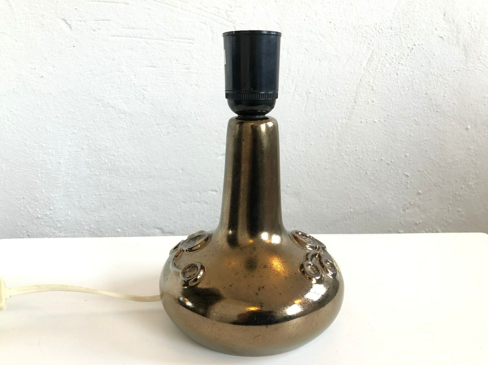 Danish Mid Century Ceramic Table Lamp In Dark Golden Glaze And Organic Pattern   Design From Frank Keramik photo for sale