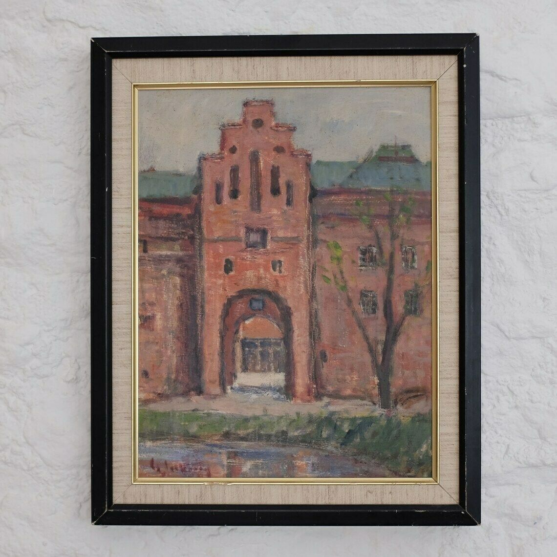 Mid Century Impressionist Painting By Gideon Isaksson, Vintage Architectural Landscape Painting, Scandinavian Modern Living, Decorative Art photo furniture