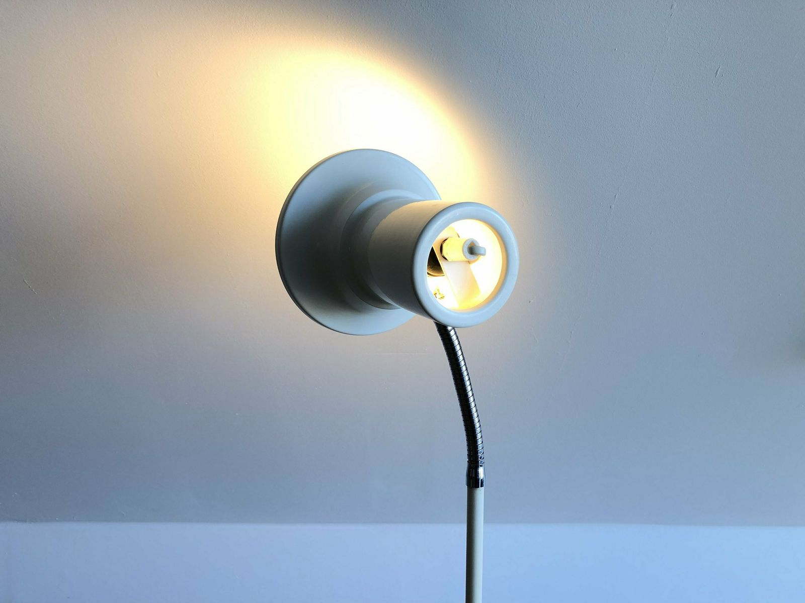 Danish Minimalist Mid Century Vintage Design Floor Lamp In White With Chrome Details And Adjustable Shade photo vinterior