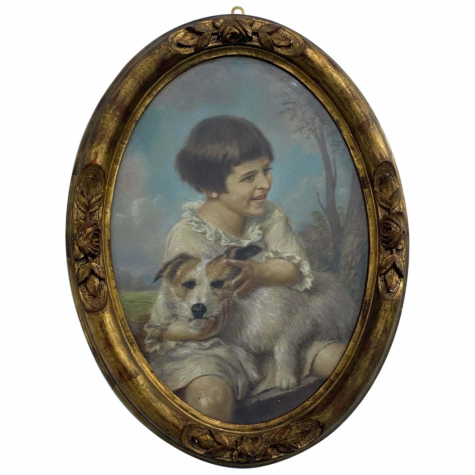 Antique French Pastel Painting "Portrait Of Little Girl With Dog" 1925 Signed