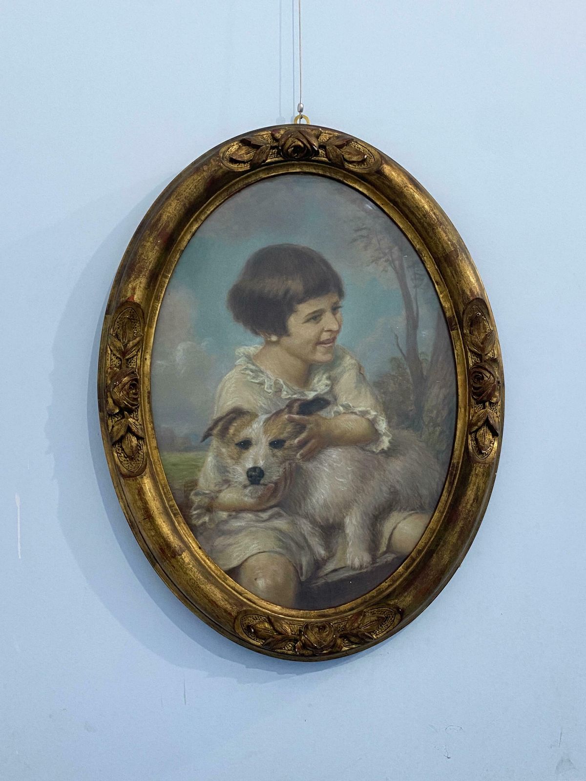 Antique French Pastel Painting "Portrait Of Little Girl With Dog" 1925 Signed photo furniture