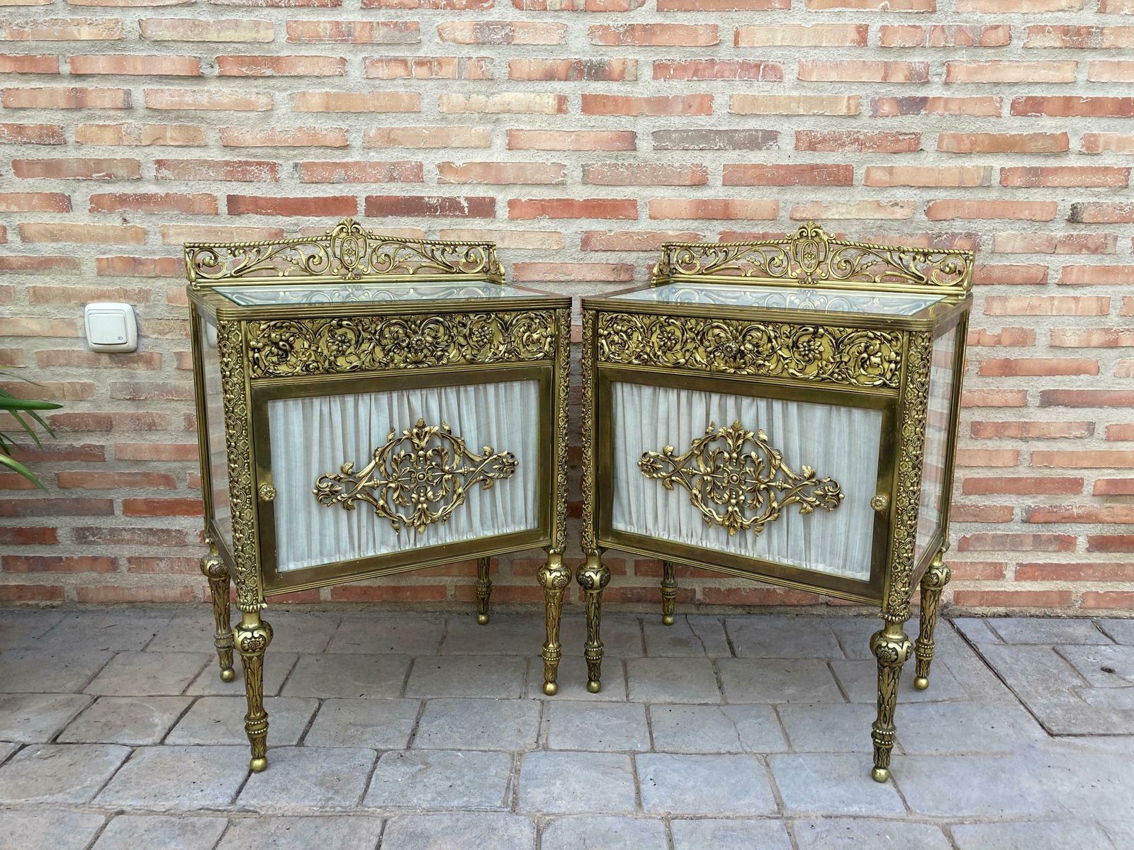 19th Century French Bronze Vitrine Nightstands With Glass Doors And Brass Drawer photo for sale