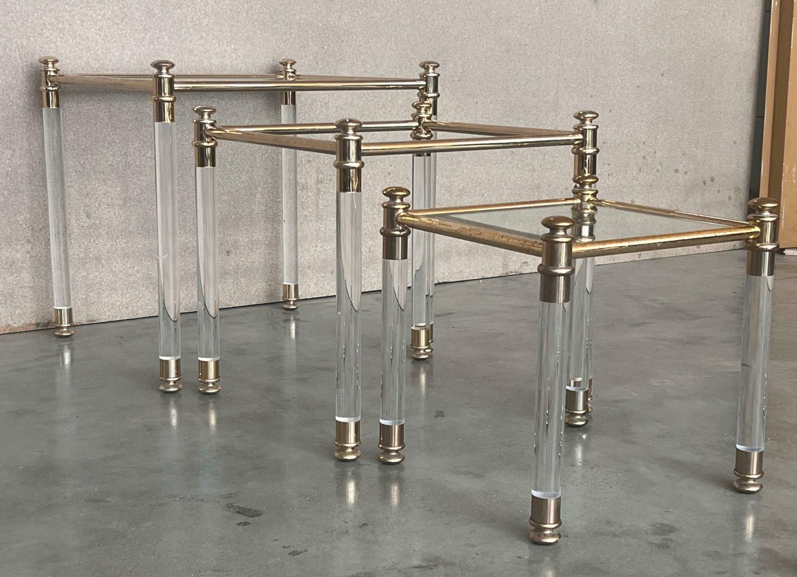 photo for sale Set Of Three Vintage Lucite An Brass Nesting Tables With Glass Top