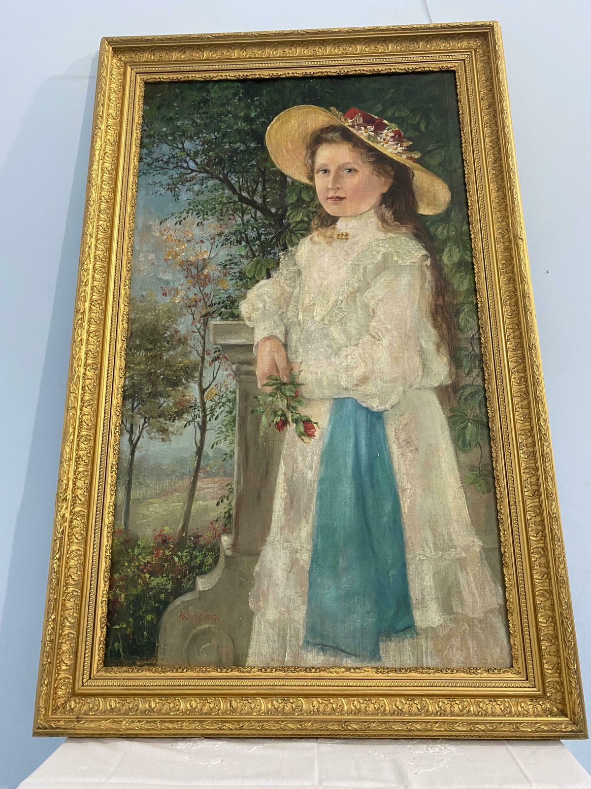 Antique German Oil Painting "Portrait Of A Maiden" From 1901 Signed Konig photo buy