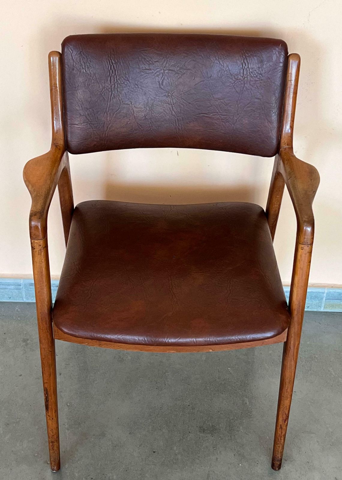 photo buy Modern Teak And Brown Leather Armchairs In Erik Buch Style