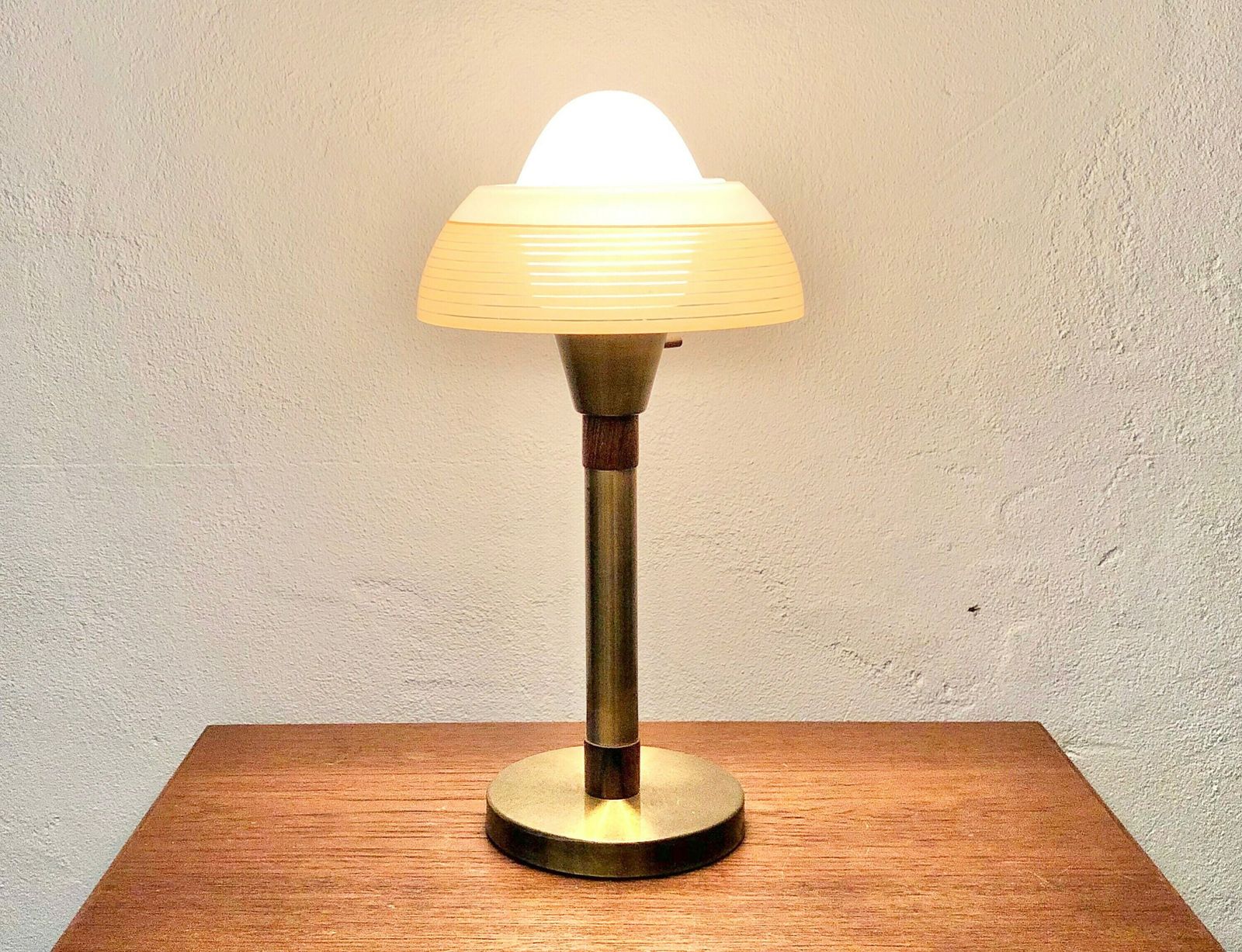 Danish Early Mid Century Table Lamp In Brass With Rare “Fried Egg” Glass Shade And Palisander Details