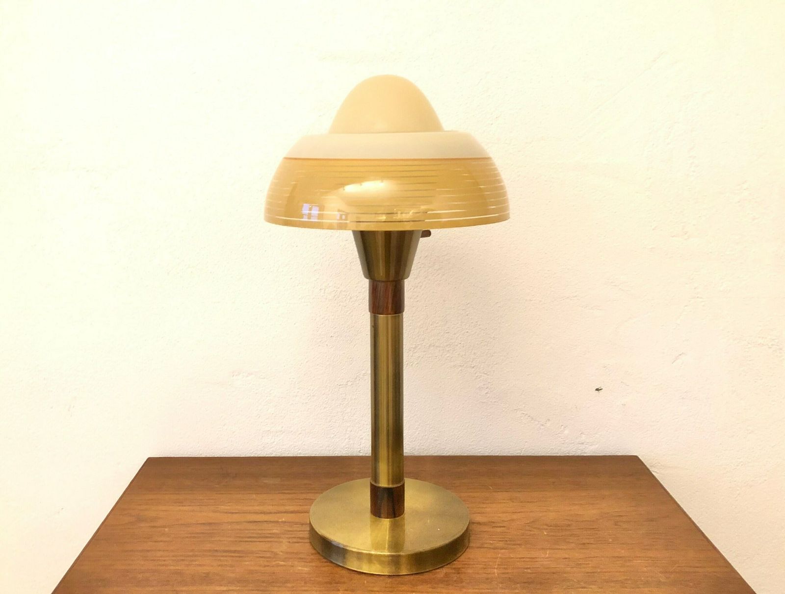 Danish Early Mid Century Table Lamp In Brass With Rare “Fried Egg” Glass Shade And Palisander Details photo for sale