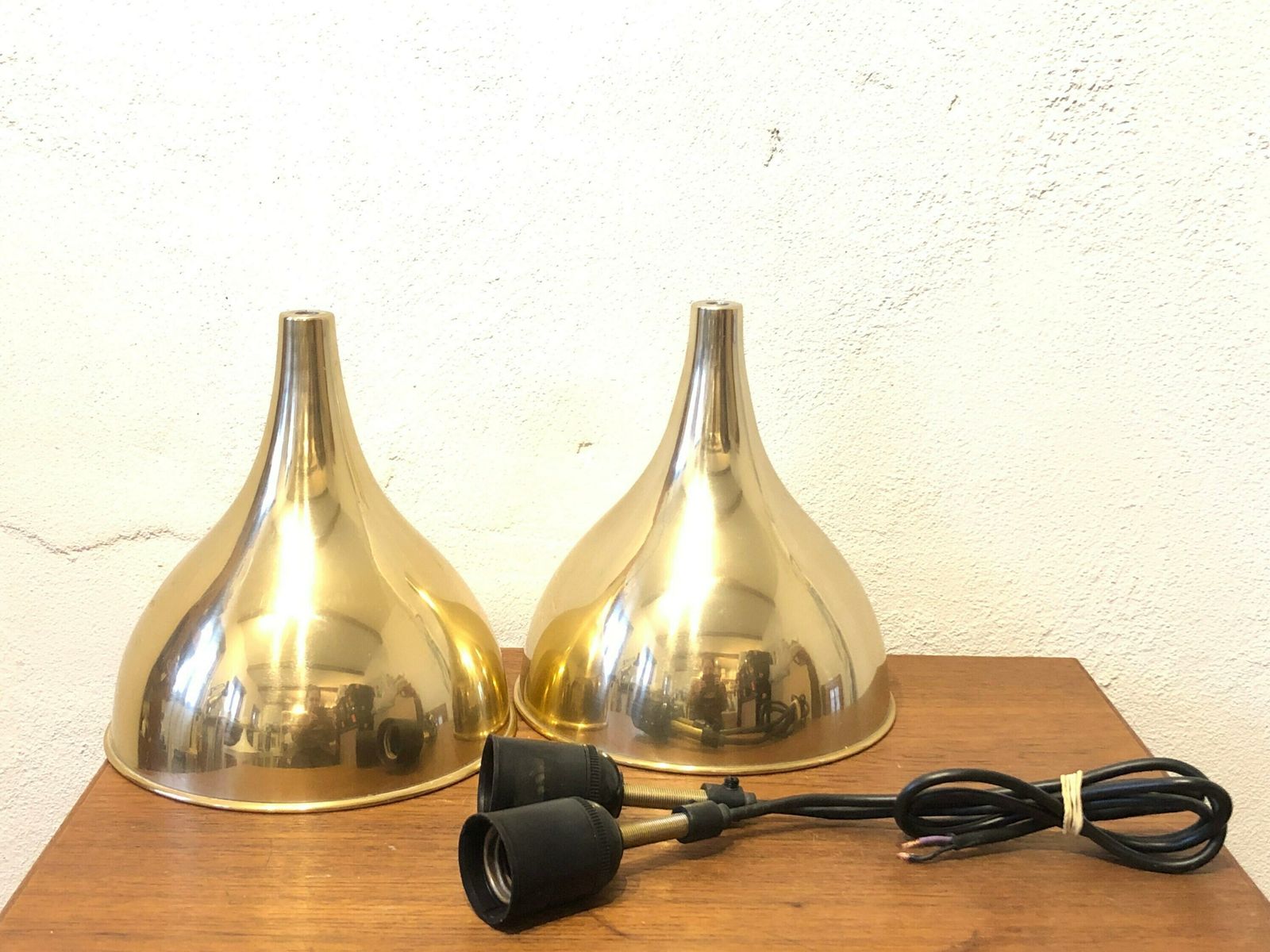 photo for sale Pair Of Jo Hammerborg Danish Mid Century Modern “Silhuet” Ceiling Lamps In Gold Designed For Fog & Mørup