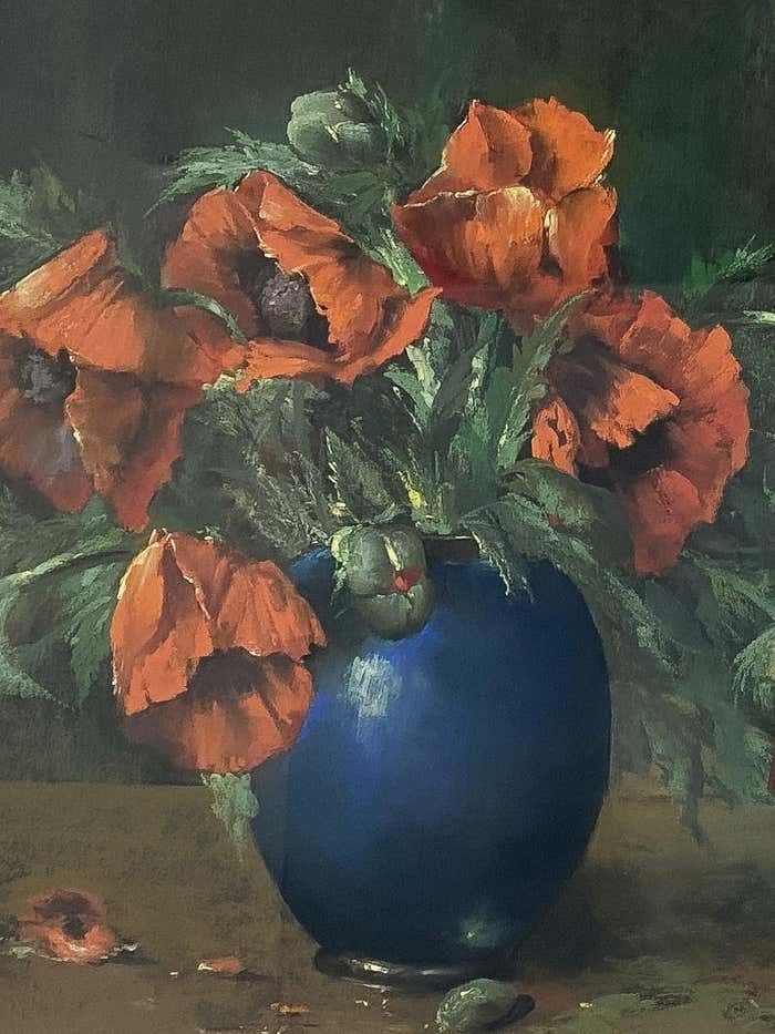 Pastel Painting Vase With Flowers Signed Jaak Van Den Seylbergh  Belgium 1950s photo for sale
